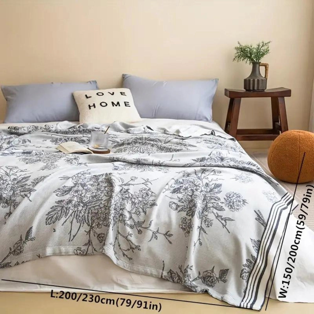 Luxury floral cotton duvet cover on a neatly made bed, showcasing a botanical bedding set with vibrant plant motifs, accompanied by plush pillows and a sturdy wood bed frame in a stylishly designed bedroom interior.