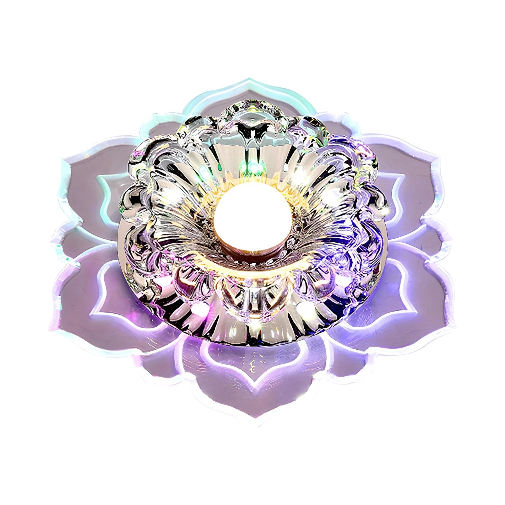 Luxury multicolored crystal ashtray with an intricate floral design, featuring vibrant petal accents in shades of violet and electric blue, resembling high-end body jewelry and fashion accessories.