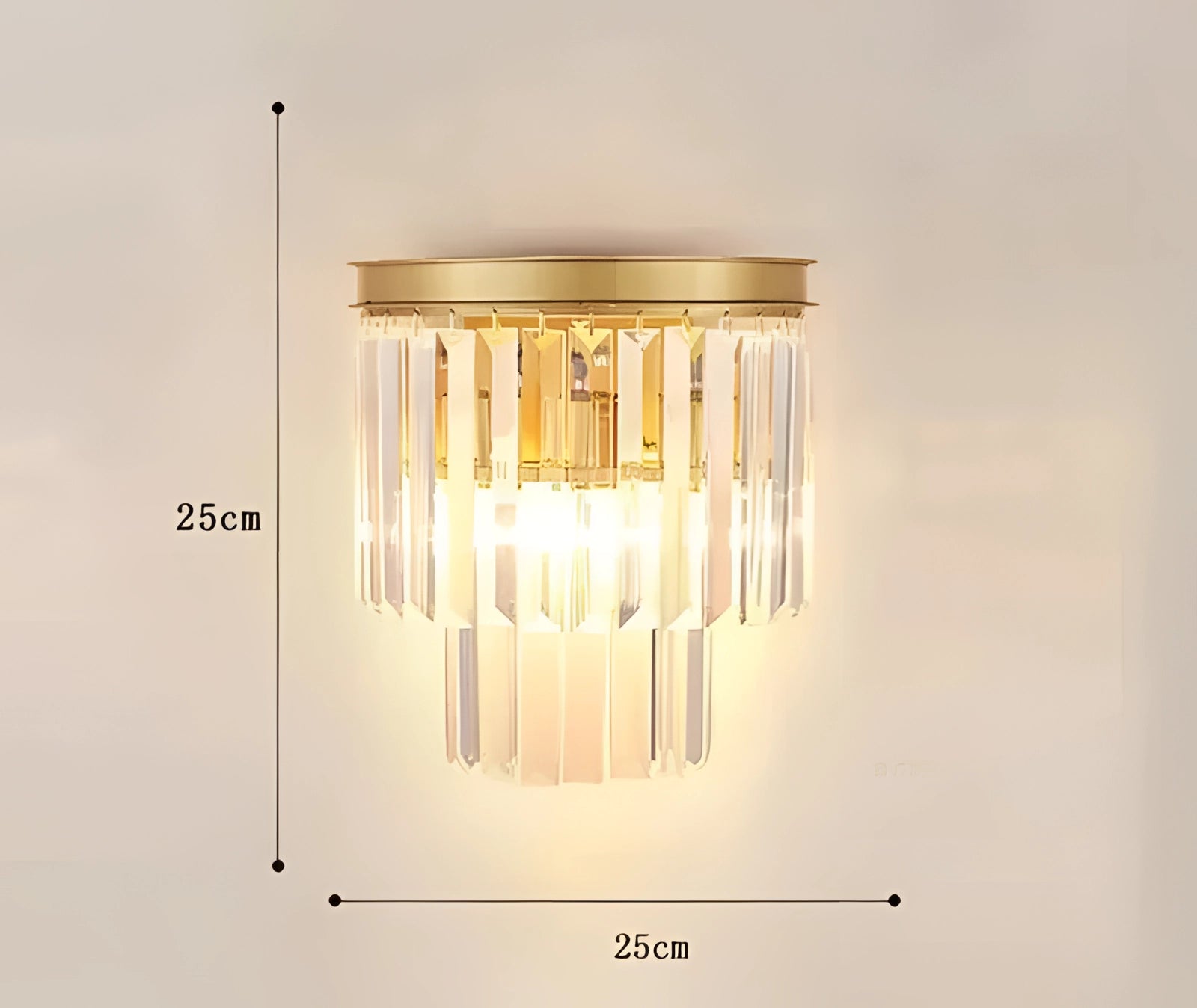 
A luxury glass wall sconce with gold accents, featuring a contemporary design suitable for a modern living room, with a rectangular shape and metal elements.