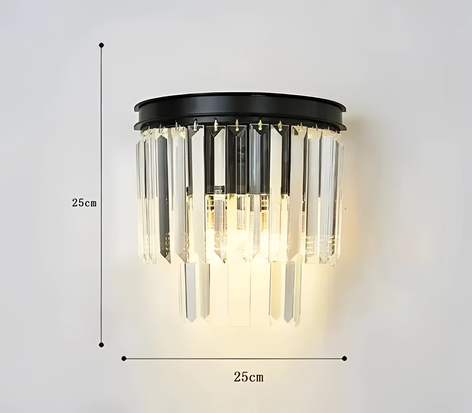 Luxury glass wall sconce with a contemporary design featuring two black cylindrical layers and gold accents, crafted from materials like glass, metal, and aluminum. Ideal for adding elegance to a modern living room.