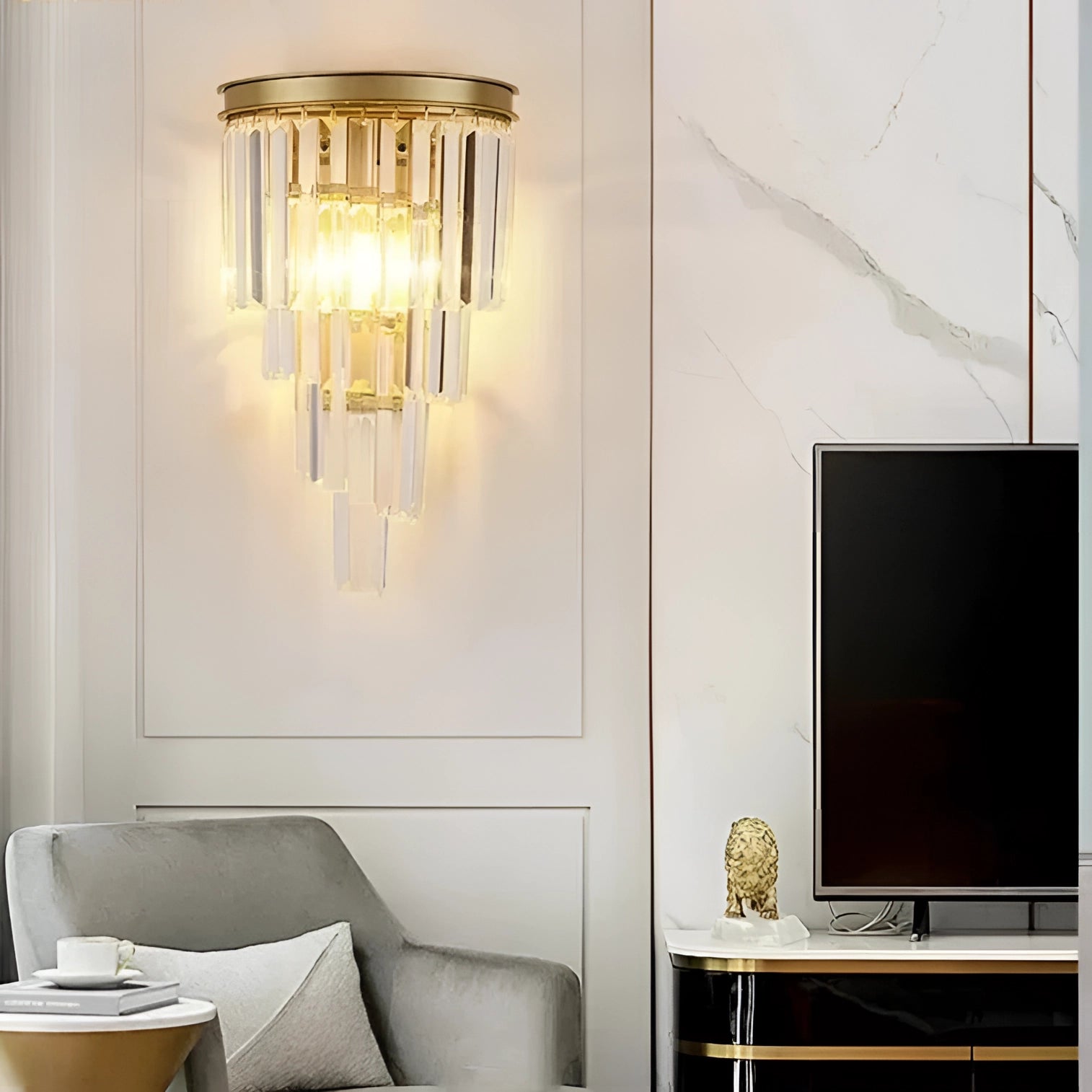 
A contemporary luxury glass wall sconce with gold accents featuring a two-layer design, mounted on a wall in a stylish living room setting with furnishings such as a couch, wooden elements, and a table, highlighting modern interior design aesthetics.