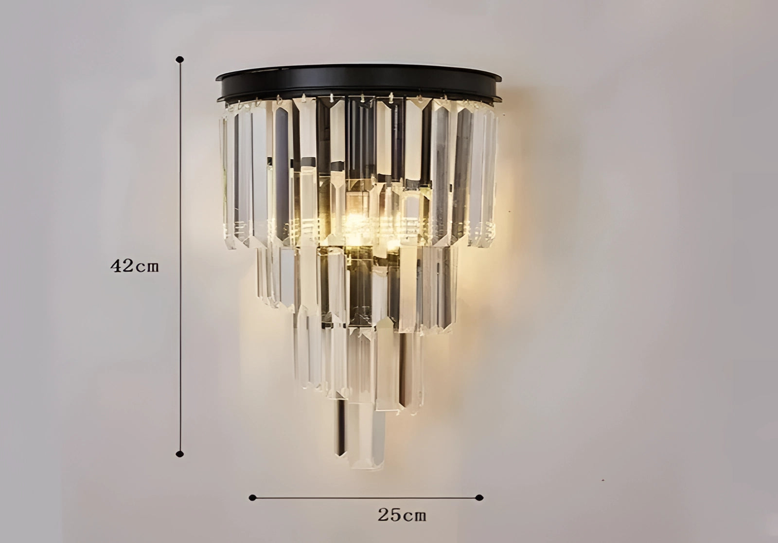 Luxury glass wall sconce with black and gold accents, featuring a contemporary design with four layered glass panels, perfect for modern living room lighting.