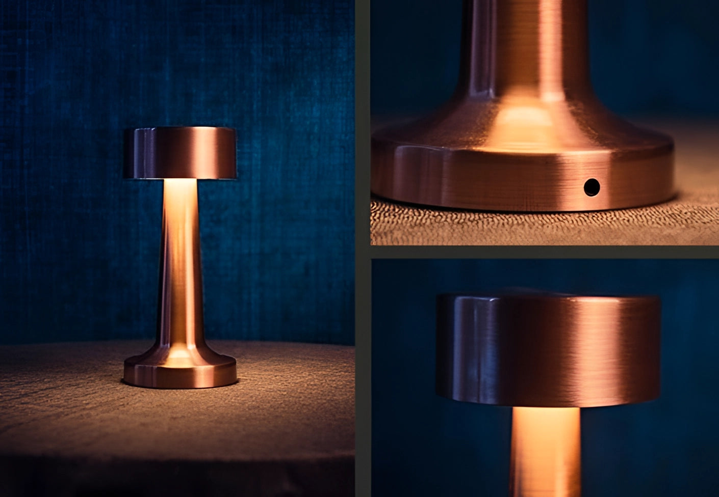 Luxurious gold cordless LED table lamp with a cylindrical design, featuring a wooden base and shown against a minimalistic wall background.