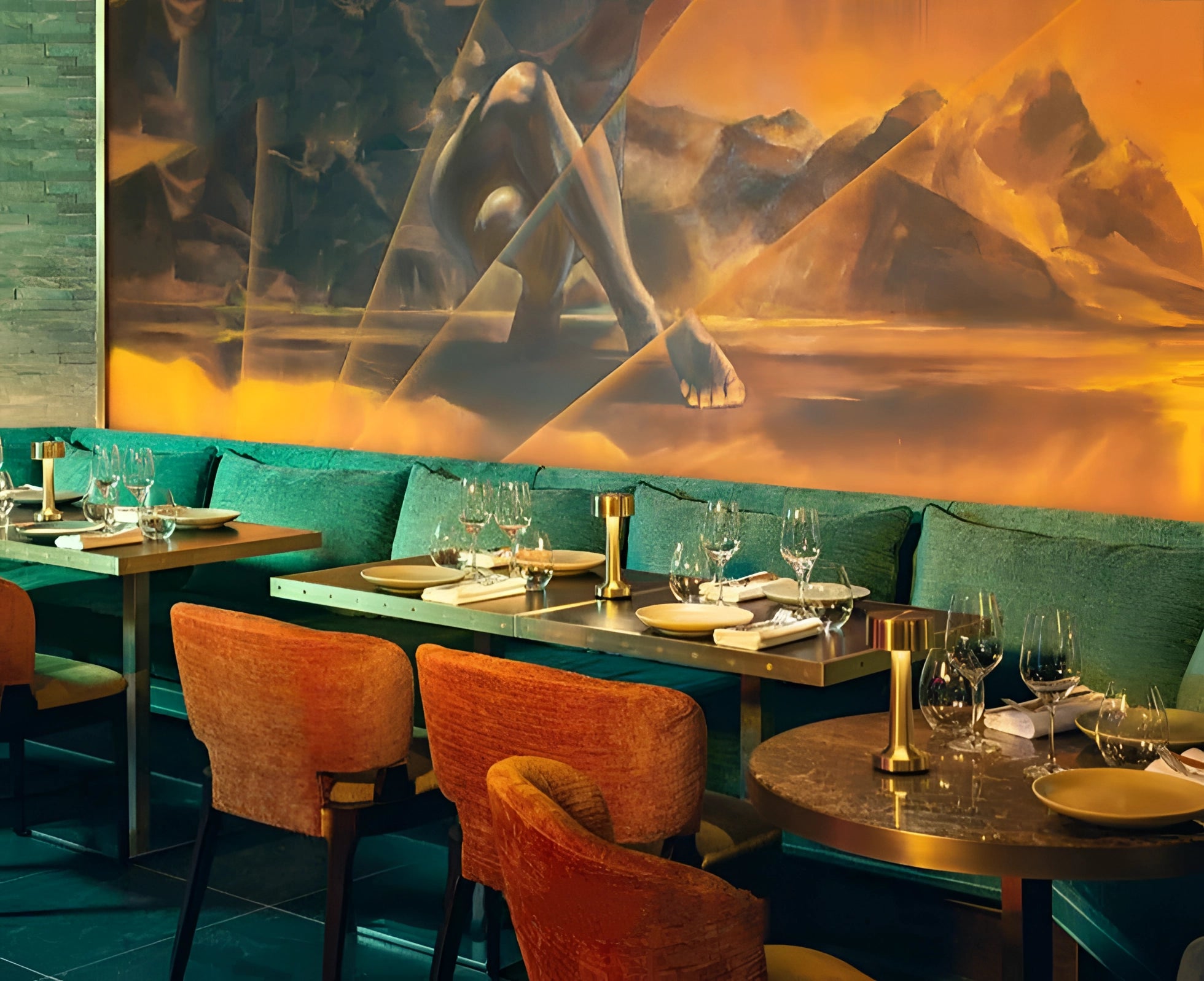 Portable luxury gold cordless LED table lamp on a modern dining room table, featuring a sleek design that complements the contemporary interior decor.