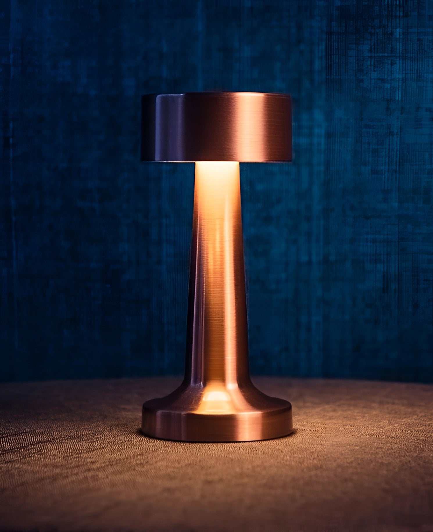 Luxurious rose gold cordless LED table lamp with a sleek design, resting on a wooden surface. The lamp emits a soft, ambient glow suitable for various settings, and is portable and rechargeable for convenience.