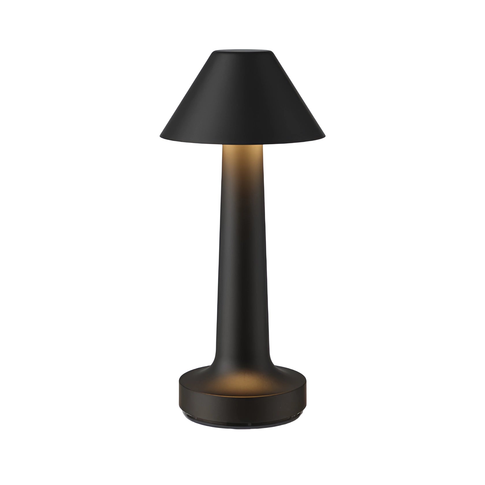 Elegant Luxury Gold Cordless Table Lamp with Black Kegel Design on Wooden Table, Featuring a Metal Base and Lampshade, Perfect for Interior Design and Home Accessories, Rechargeable for Dining Lighting.