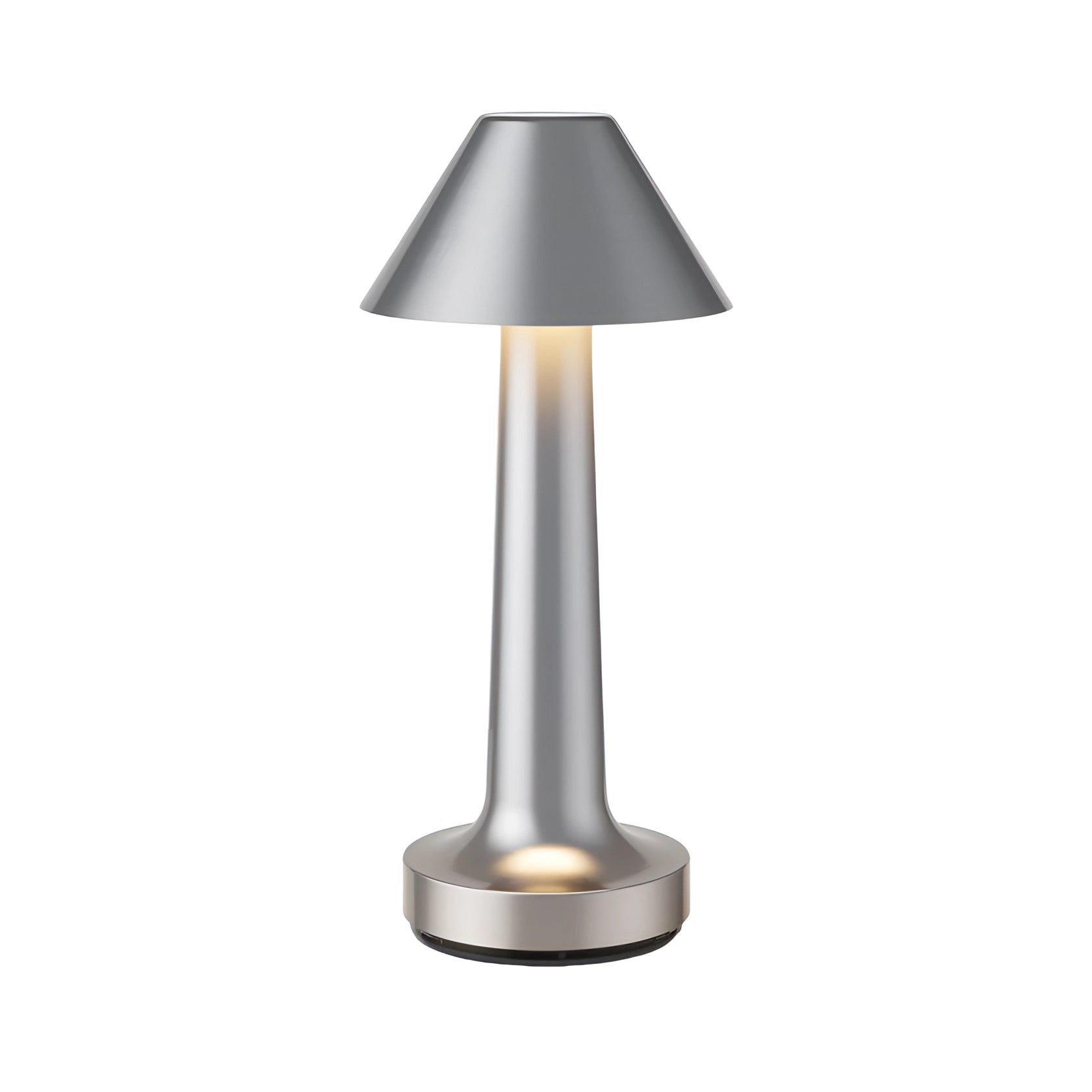 Elegant silver cordless table lamp with a kegel-shaped metal base and a warm lampshade, ideal for dining settings and interior design.