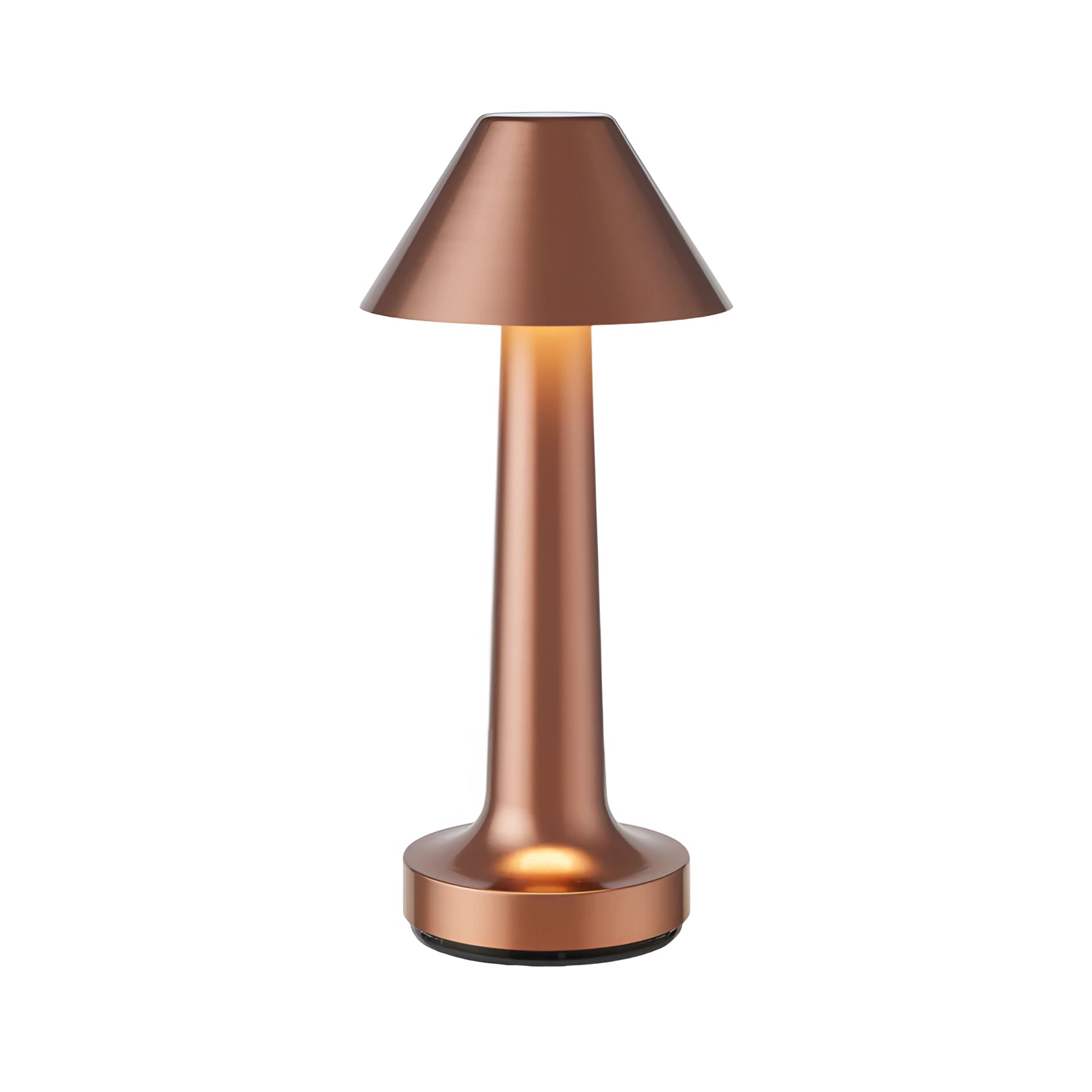 Elegant cordless table lamp with gold finish on a wooden table, featuring a bronze Kegel-shaped design, rechargeable functionality, and sophisticated dining lighting.