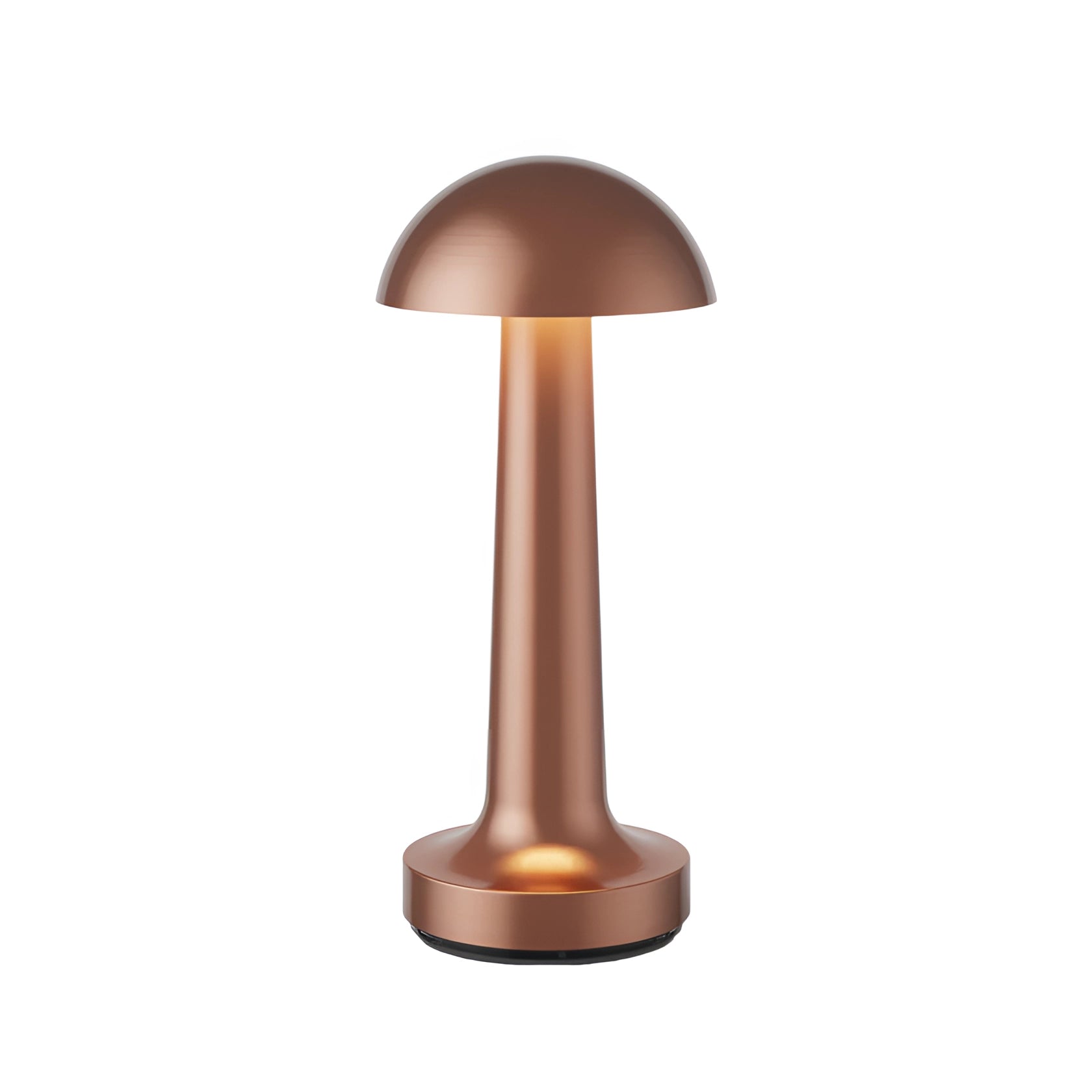 Elegant rechargeable cordless table lamp in bronze with a dome-shaped gold lampshade, featuring wood and metal elements, perfect for sophisticated dining settings.