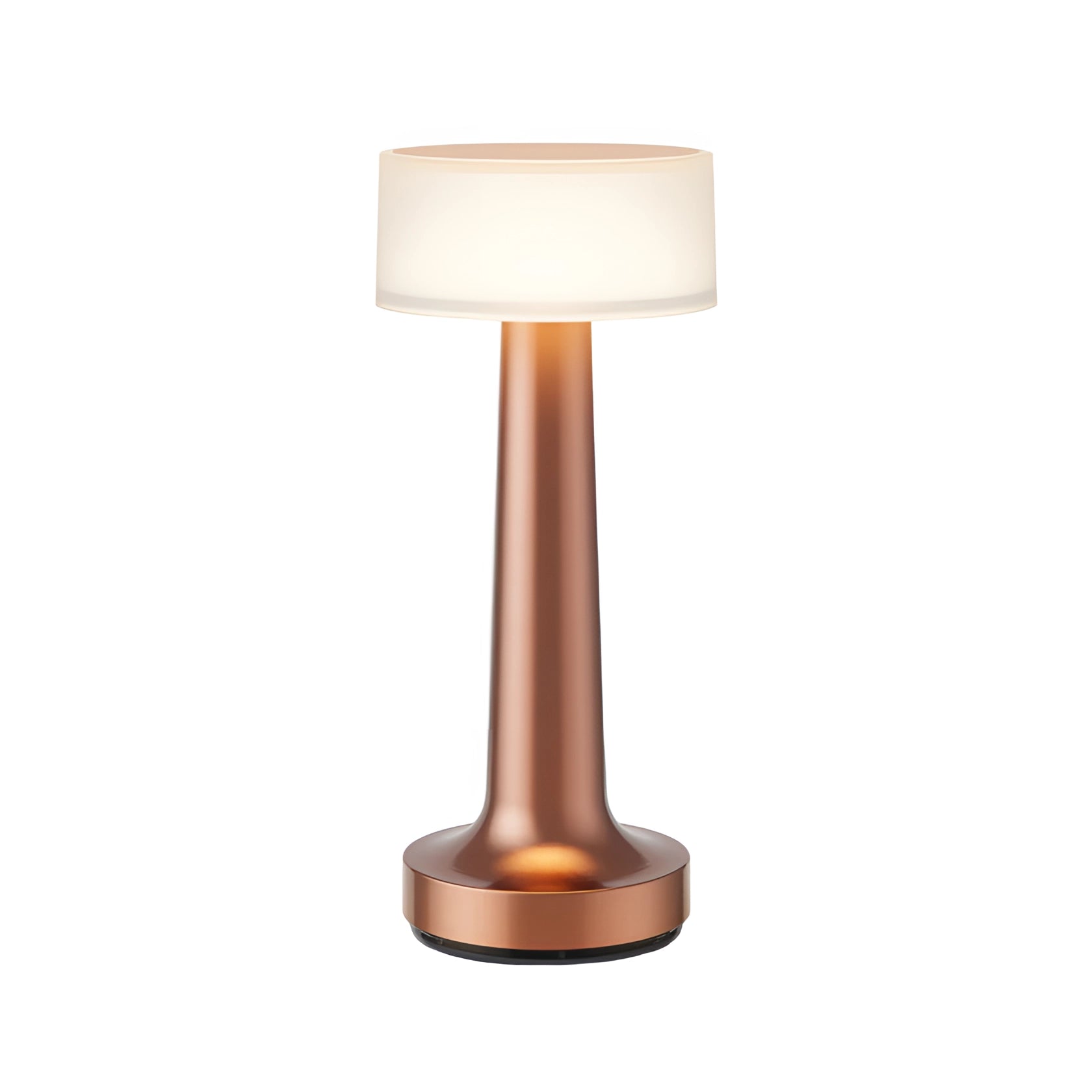 Luxury cordless table lamp in elegant bronze finish with a radiant golden glow, featuring a sleek metal base and a refined lampshade, perfect for sophisticated dining settings.
