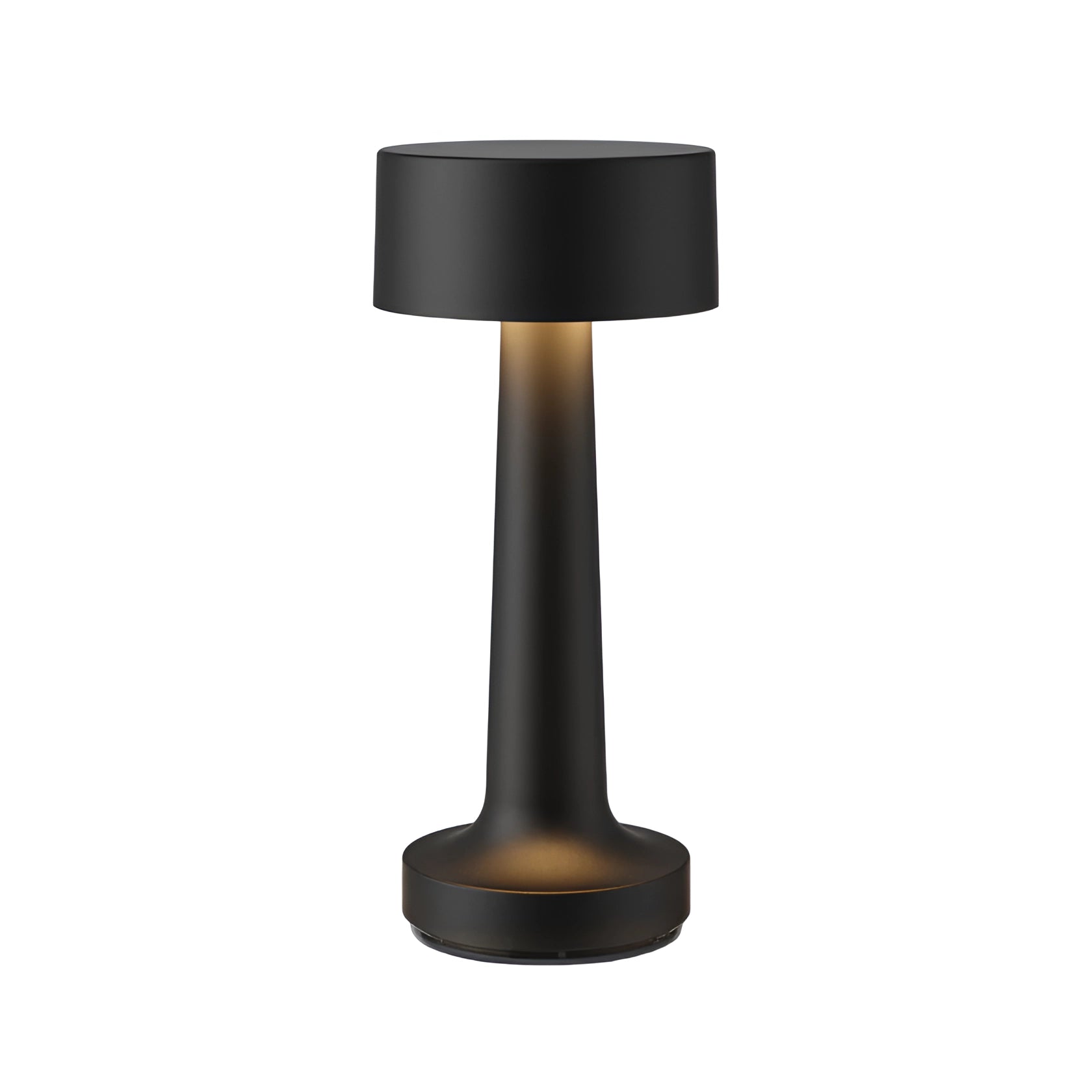 Elegant black cylindrical luxury gold cordless table lamp on a dining table, rechargeable and ideal for adding sophisticated lighting to your dining area.