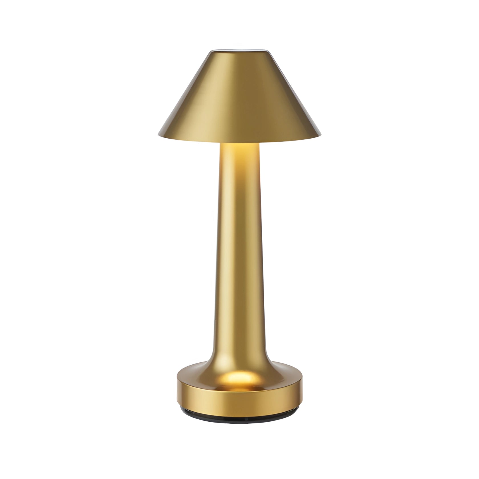 Elegant gold cordless table lamp with a rechargeable feature, featuring a kegel-shaped design, placed on a wooden table, highlighting a sophisticated dining setup.