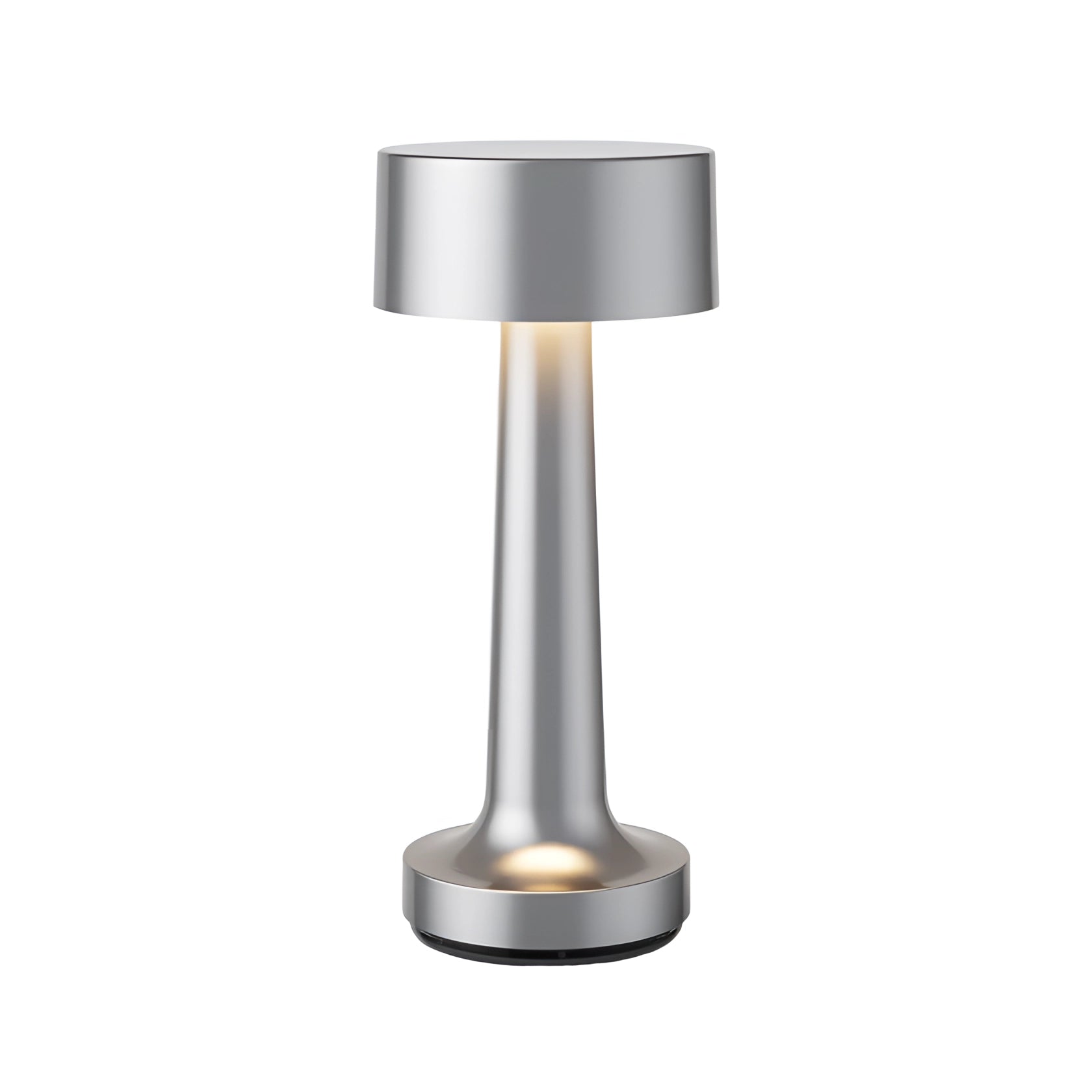 Elegant silver cylinder-shaped cordless table lamp with a metal base and glass lampshade, rechargeable and designed for luxury dining lighting.