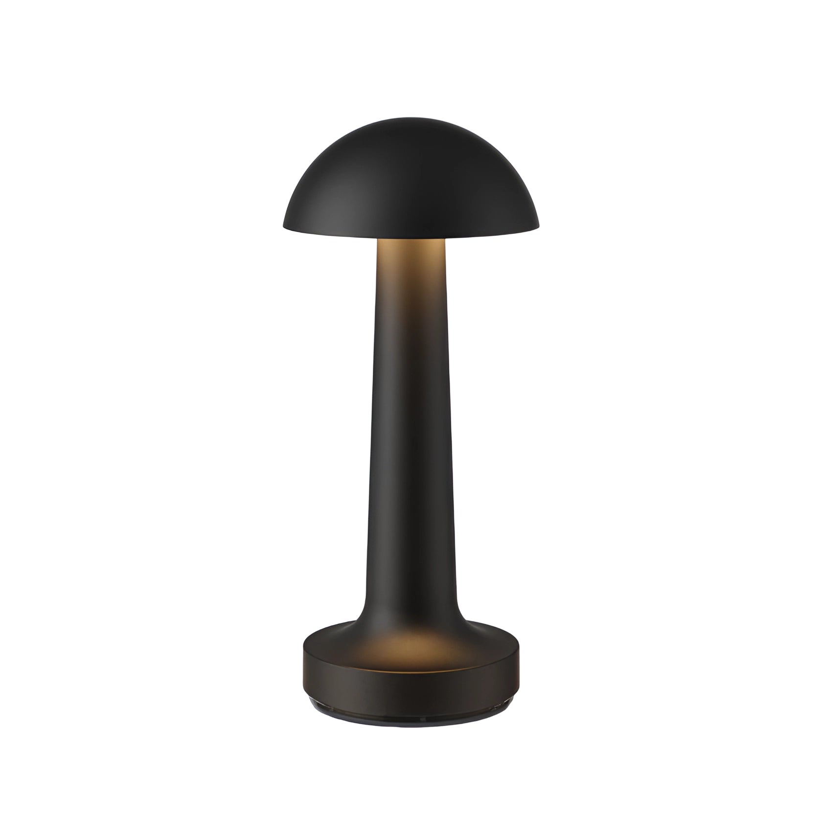 Luxury gold cordless table lamp with a black dome shade, rechargeable and elegantly designed for dining, showcasing a sleek metal body in a refined interior setting.