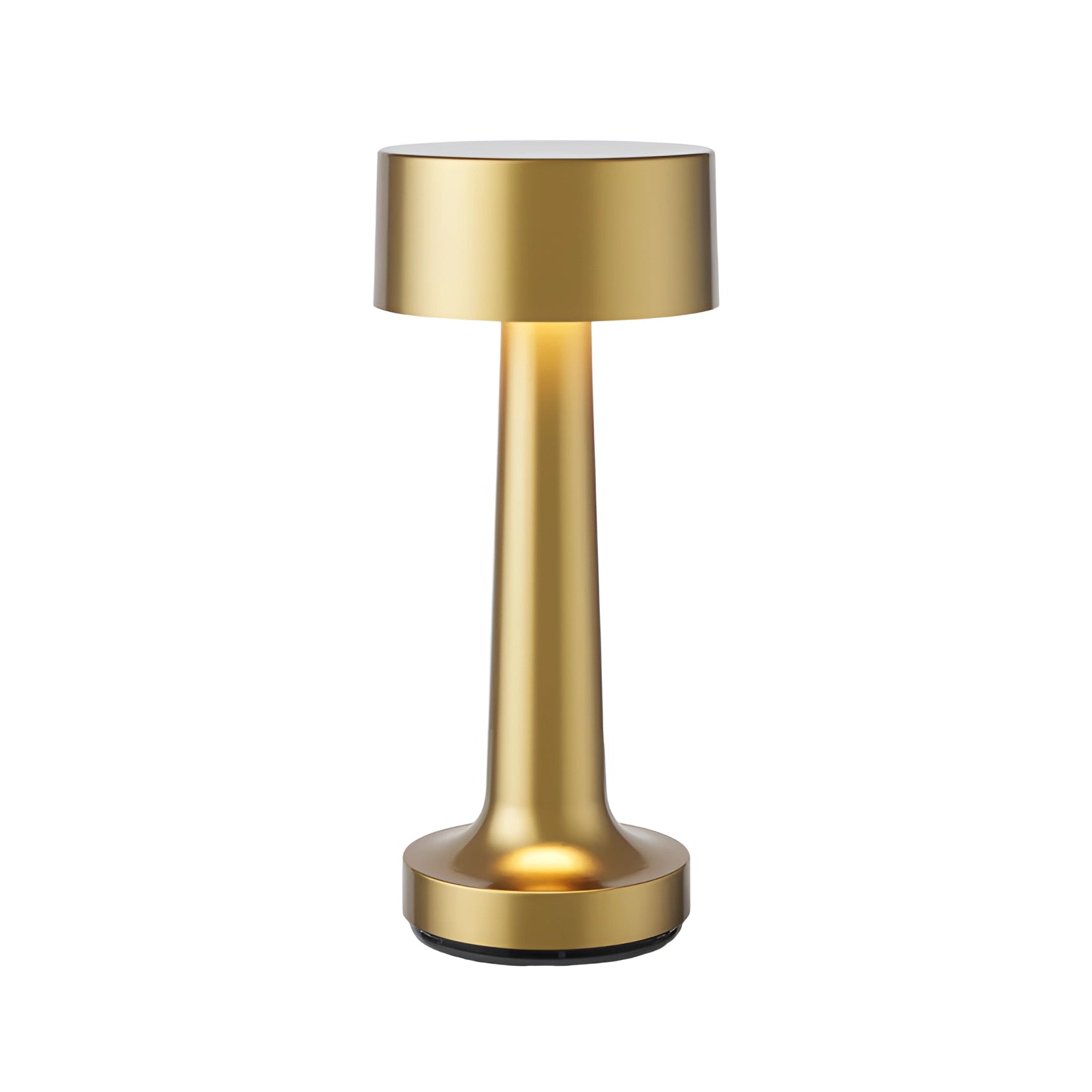 Luxury gold cordless table lamp on a wooden table, featuring a metal base, glass lampshade, and elegant design, perfect for dining settings.