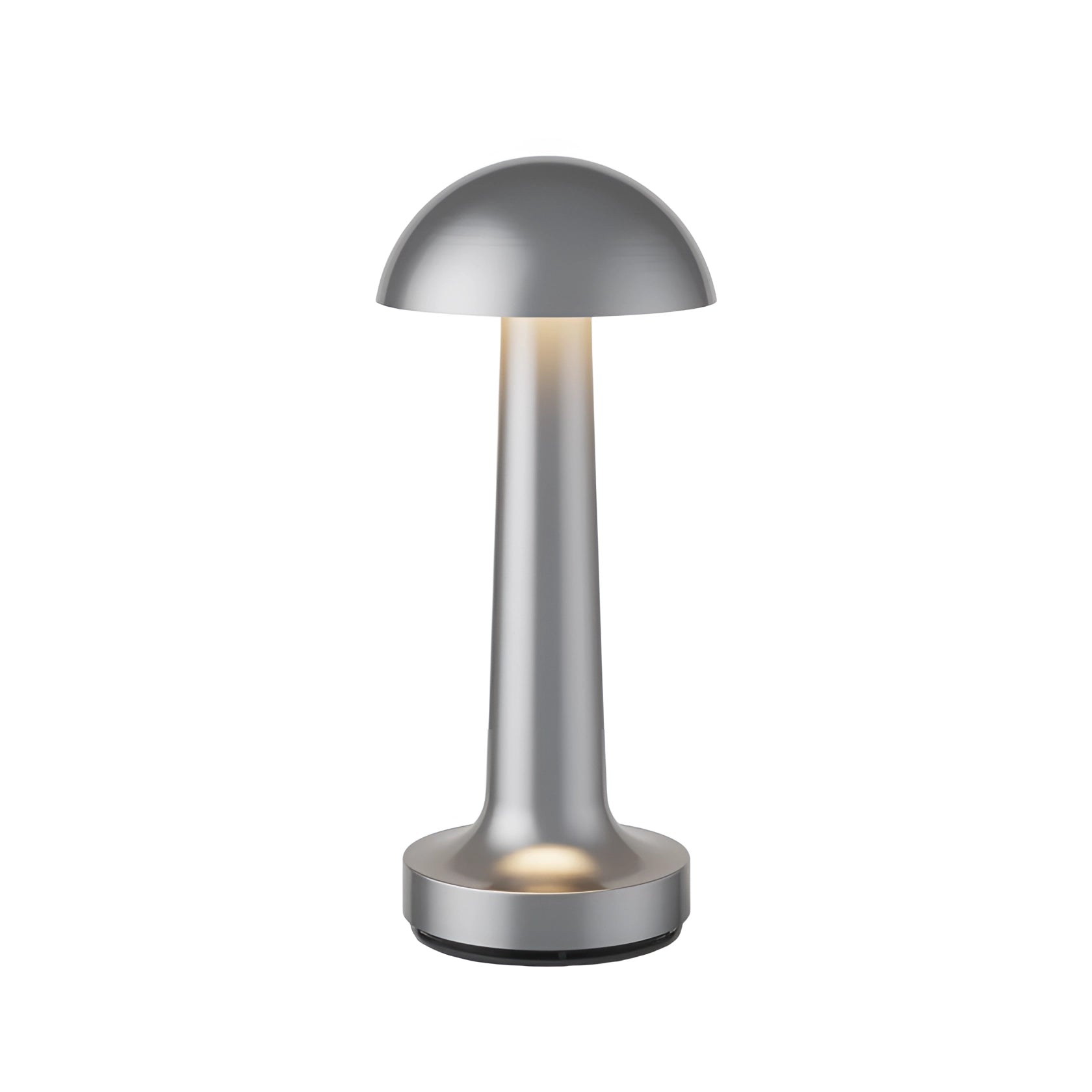 Elegant cordless table lamp in silver dome design, featuring a rechargeable base and metal construction, perfect for dining settings and interior decor.