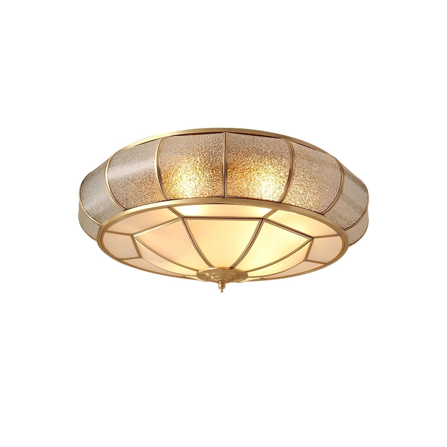 Luxury gold flush mount ceiling light with textured glass and brass accents, featuring an elegant design with a circular and oval shape, suitable as a ceiling fixture to enhance room aesthetics.