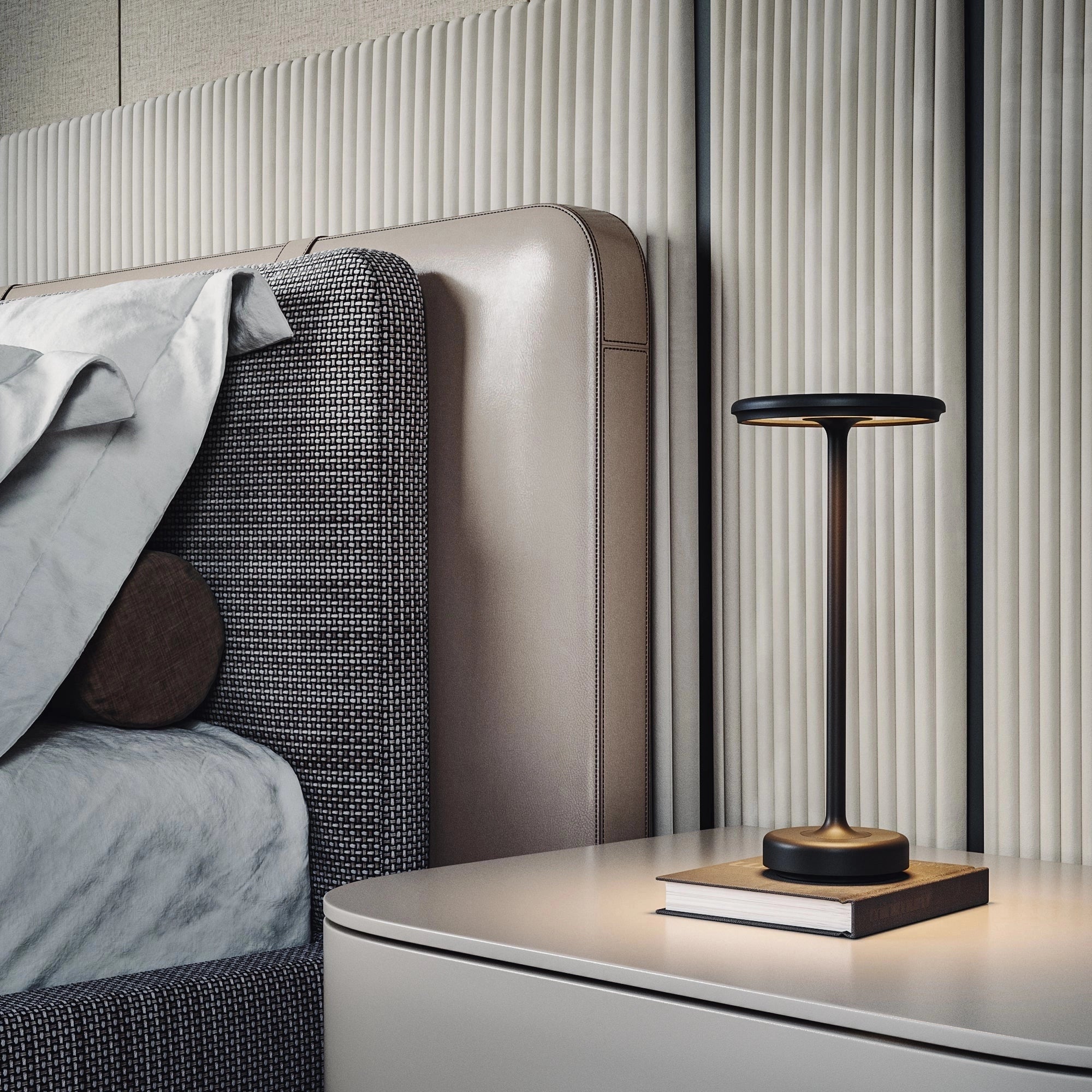Luxury gold LED floor lamp with a modern minimalist design, featuring a sleek and rectangular shape, positioned in a well-designed interior space with wood accents and large windows.