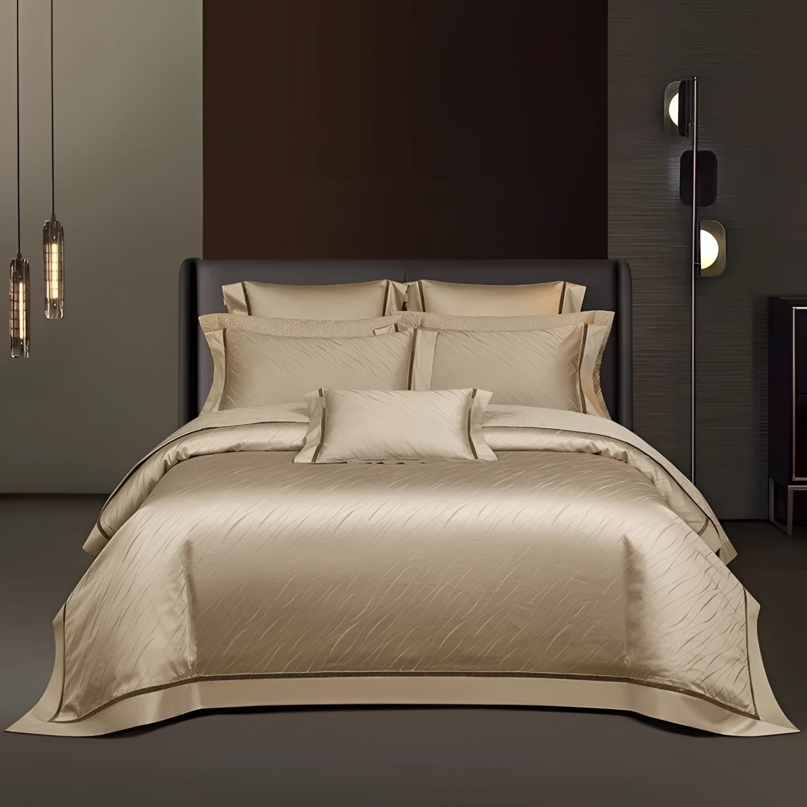 Luxury gold satin bedding set on a king-sized bed with a modern metallic duvet cover, complemented by plush pillows, all set on a wooden bed frame, emphasizing comfort and elegance in a cozy bedroom setting.