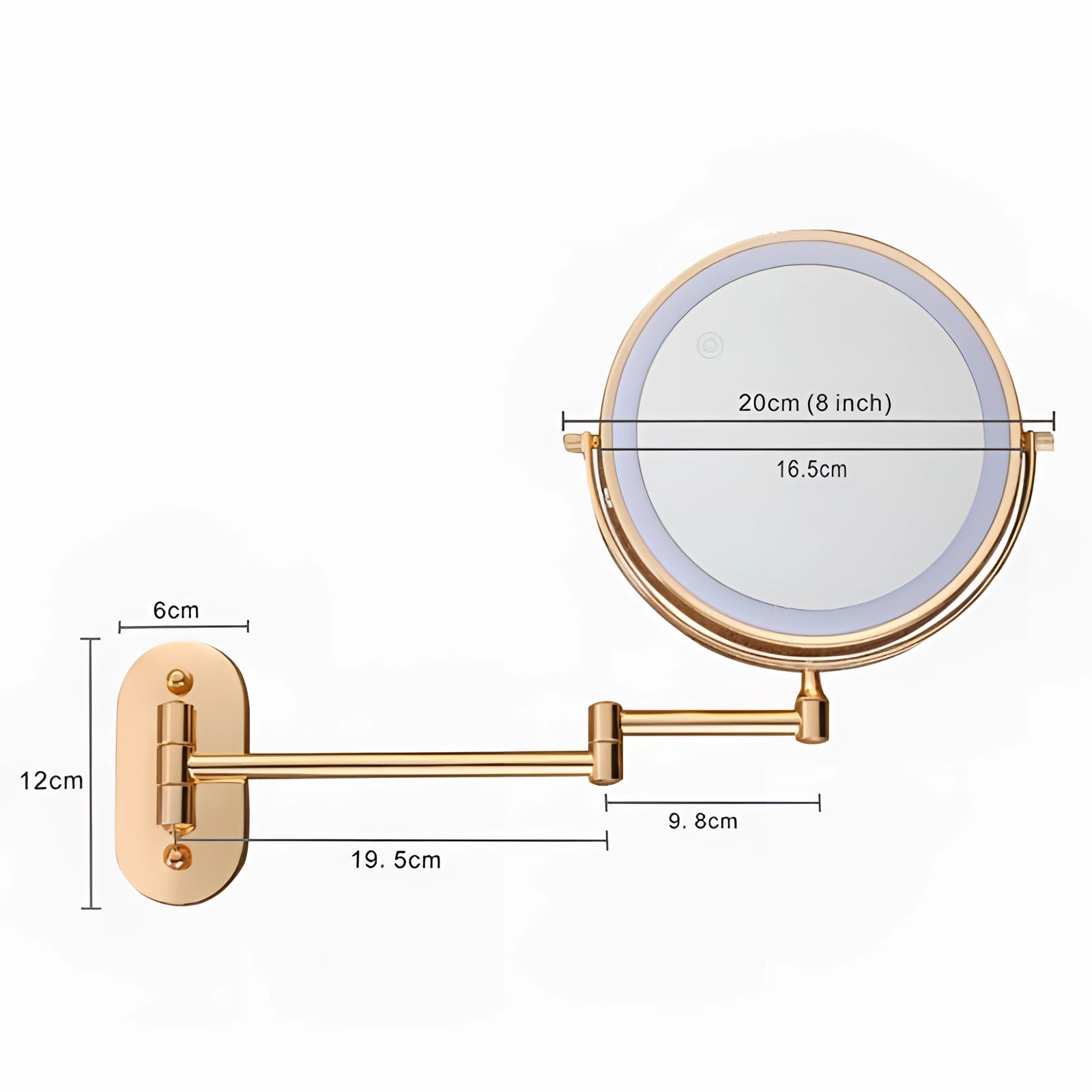 Luxury gold wall-mounted LED vanity mirror with touch sensor and adjustable brightness, rectangular shape.