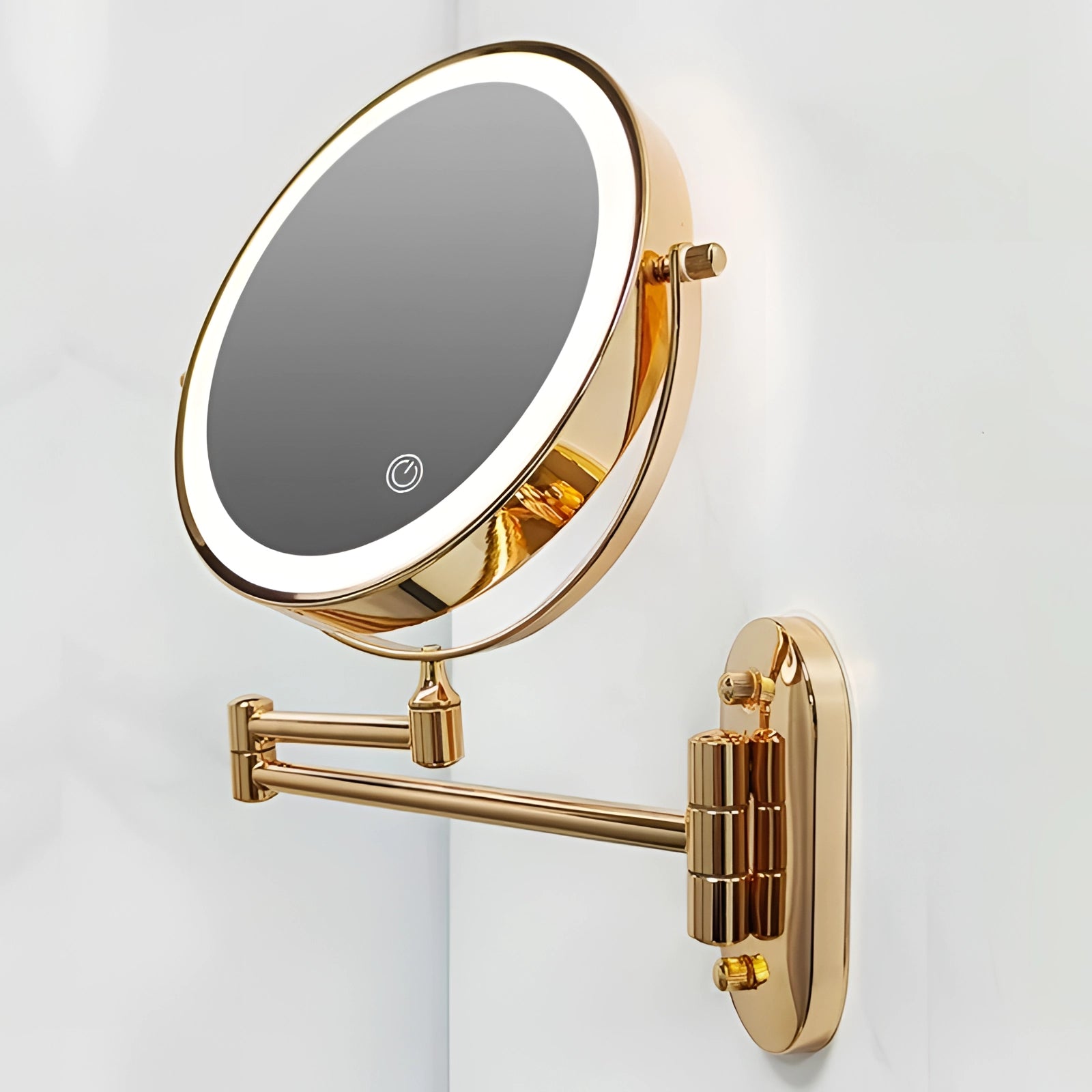 Luxury gold wall-mounted LED vanity mirror with touch sensor and adjustable features, includes a 10X magnifying mirror.