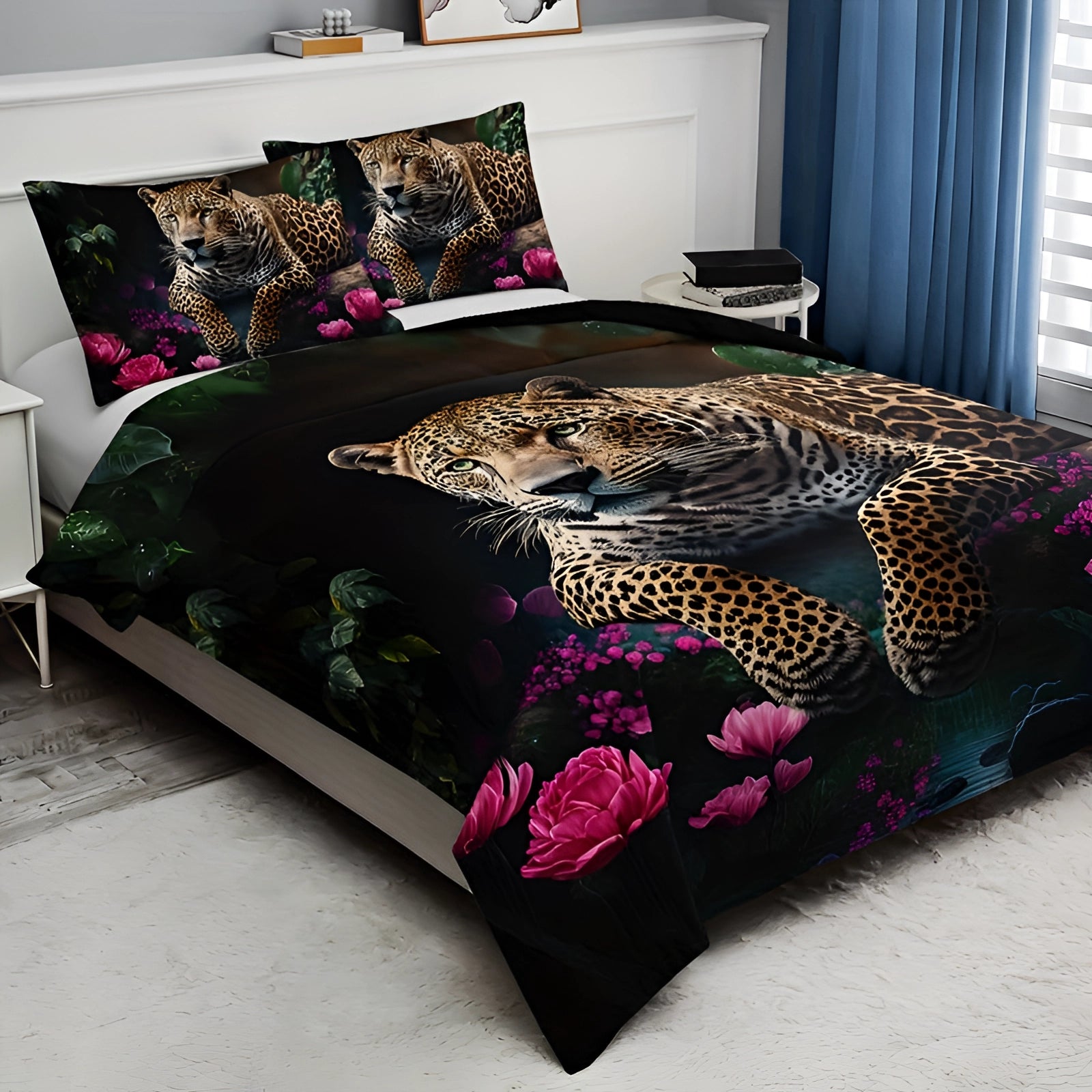 Luxury Leopard Print Bedding featuring an exotic floral comforter set displayed on a King/Queen bed. The bedding showcases a vibrant mix of black and purple hues, complementing the stylish and comfortable interior design. The bed is set against a wooden floor, creating a cozy and inviting bedroom atmosphere.