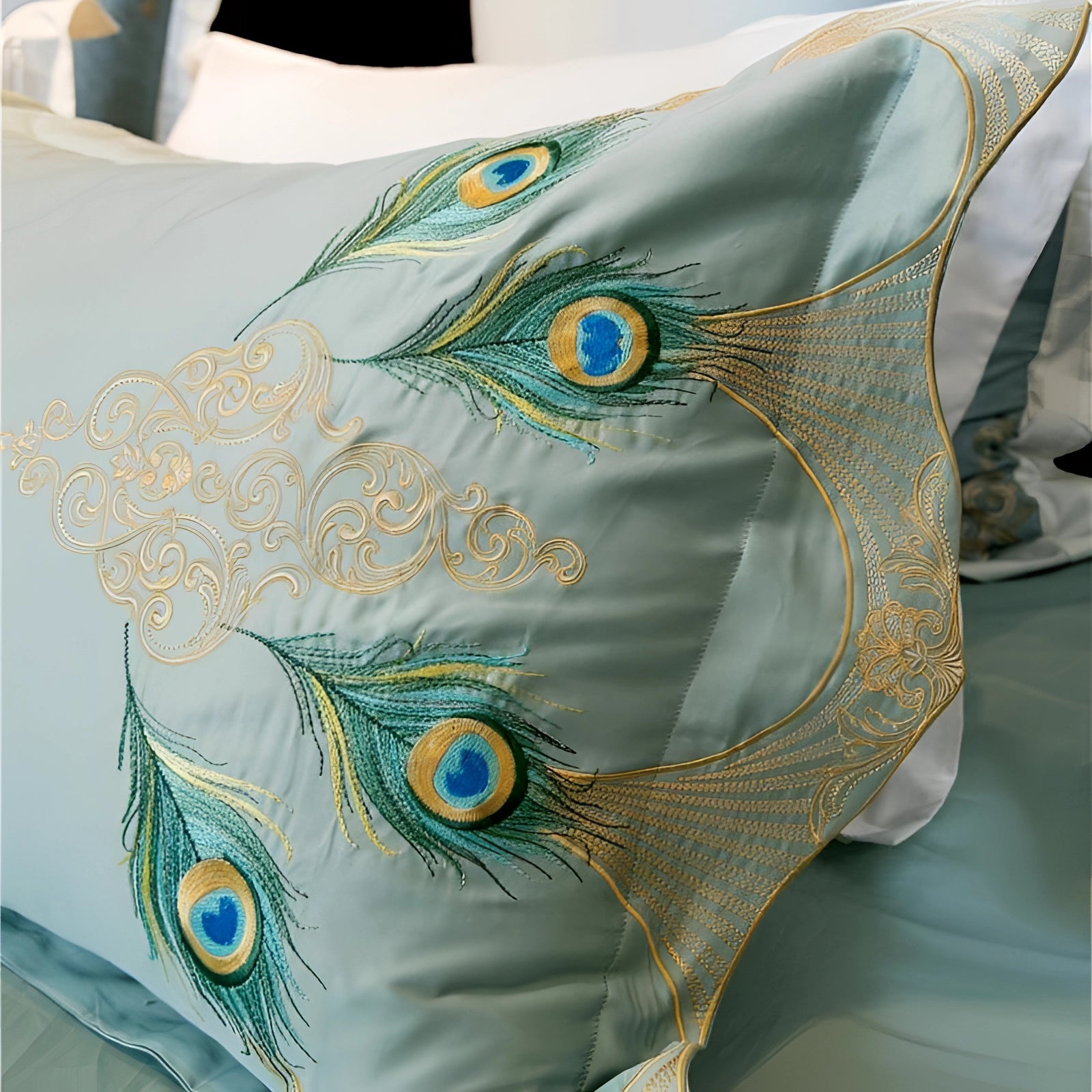 Luxurious teal and gold embroidered duvet cover featuring an elegant peacock design with intricate detailing.