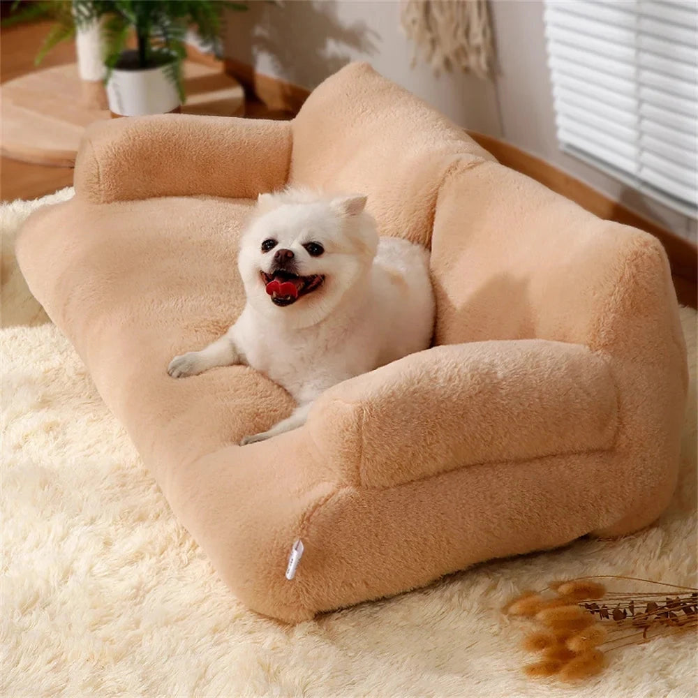 Luxury Plush Cat Sofa - Soft Beige Indoor Lounger, Stylish Pet Bed
