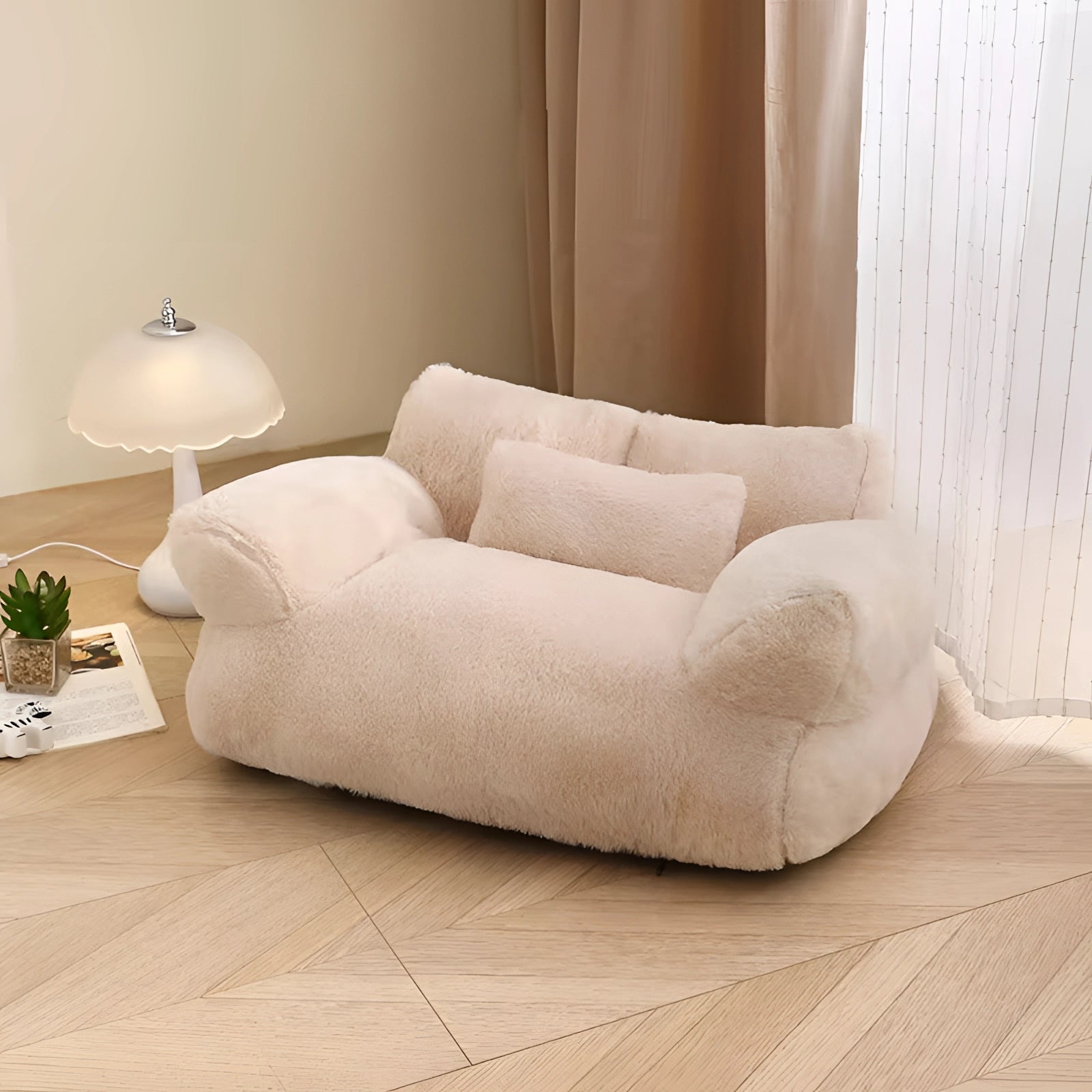 Luxury Plush Cat Sofa - Soft Beige Indoor Lounger, Stylish Pet Bed