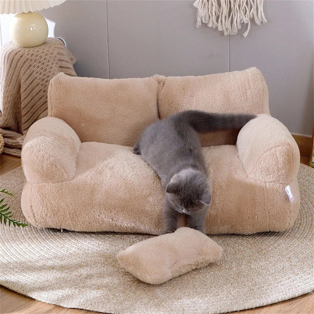 Luxury Plush Cat Sofa - Soft Beige Indoor Lounger, Stylish Pet Bed