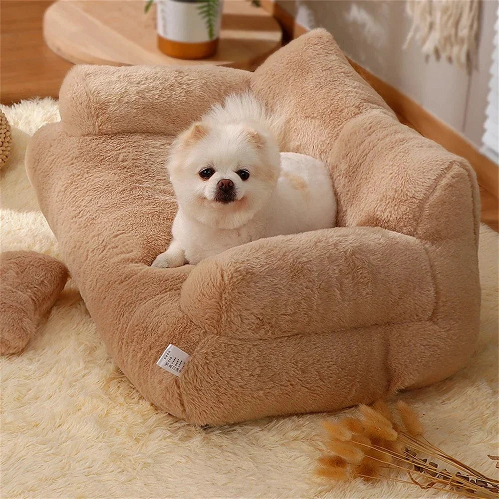 Luxury Plush Cat Sofa - Soft Beige Indoor Lounger, Stylish Pet Bed