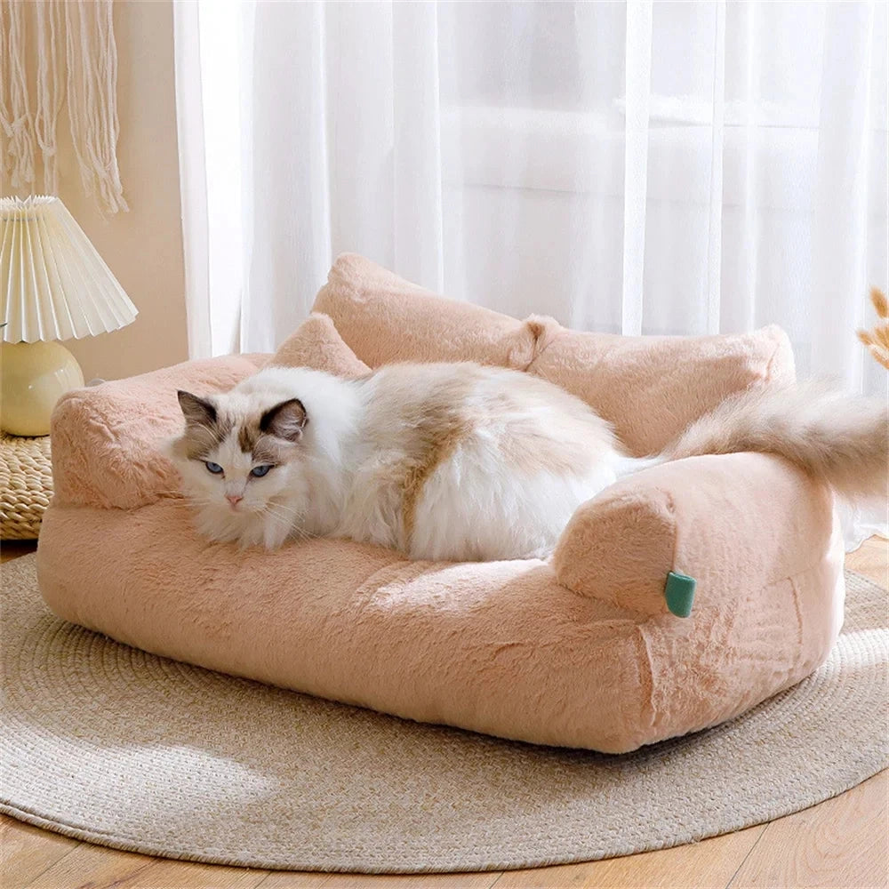 Luxury Plush Cat Sofa - Soft Beige Indoor Lounger, Stylish Pet Bed