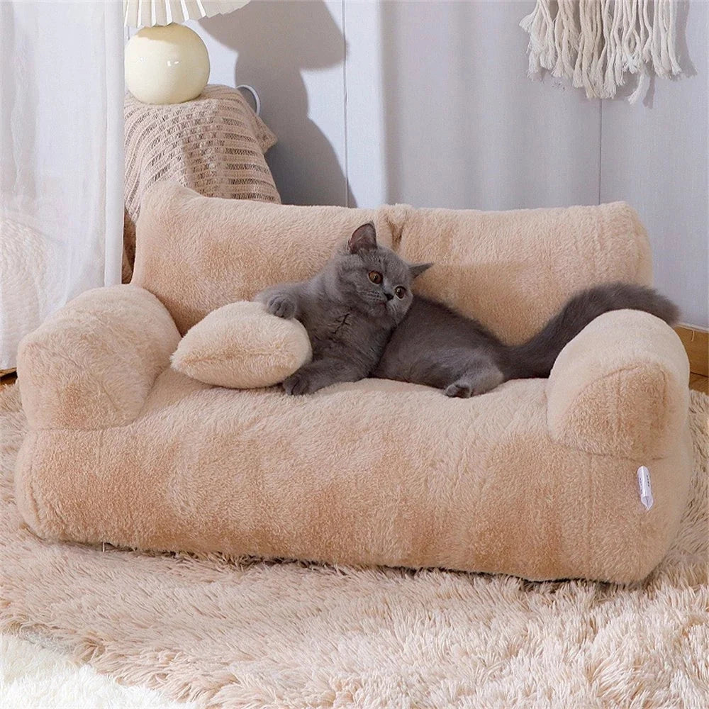 Luxury Plush Cat Sofa - Soft Beige Indoor Lounger, Stylish Pet Bed