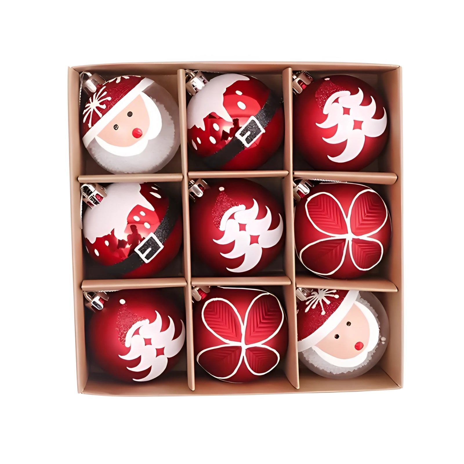 Luxurious Christmas ornaments set in red, green, and gold hues, featuring a variety of intricate designs, perfect for premium holiday decor.