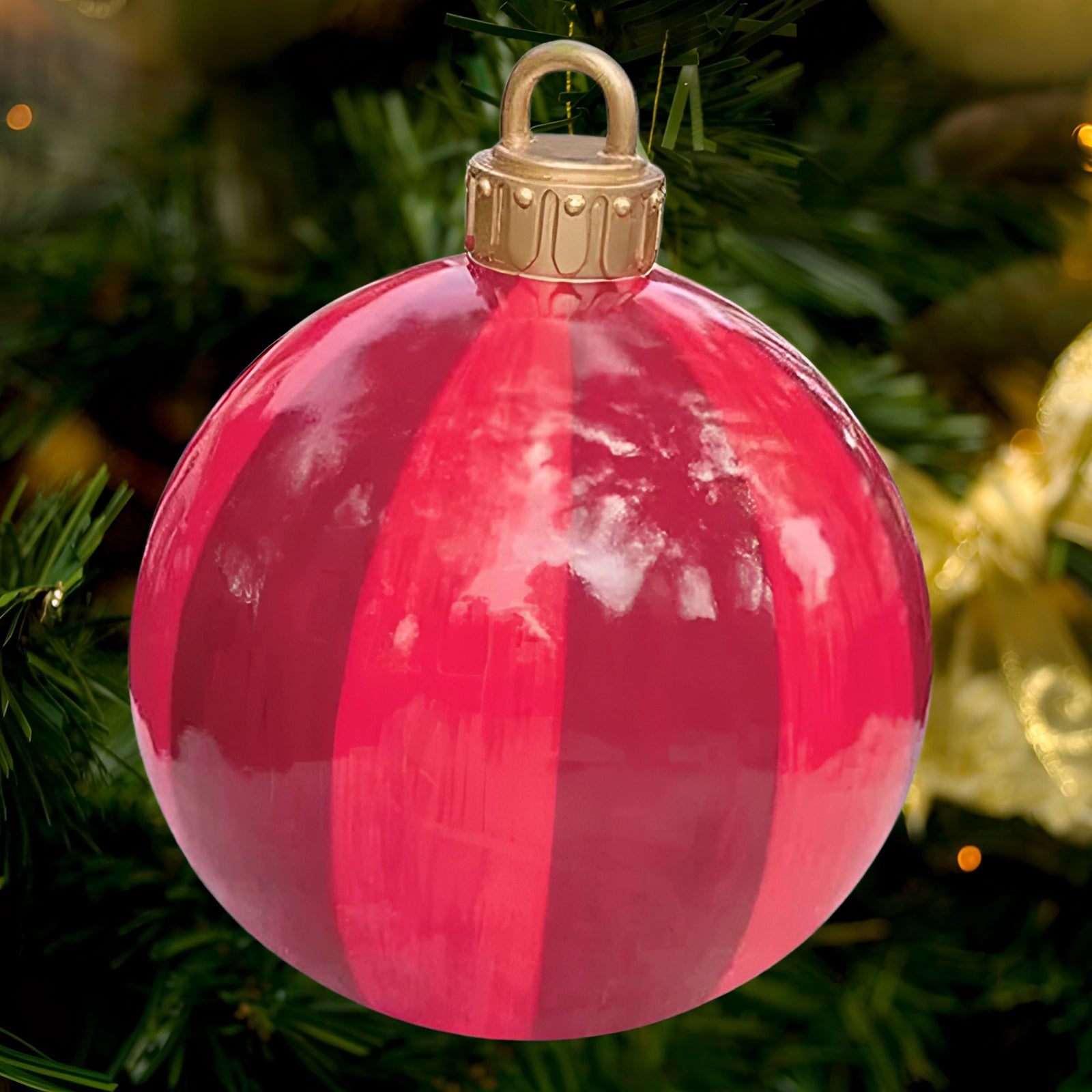 Luxury red plaid tartan glass Christmas ornament hanging on a Christmas tree, surrounded by festive lights and evergreen branches, creating a warm and unique holiday decor ambiance.