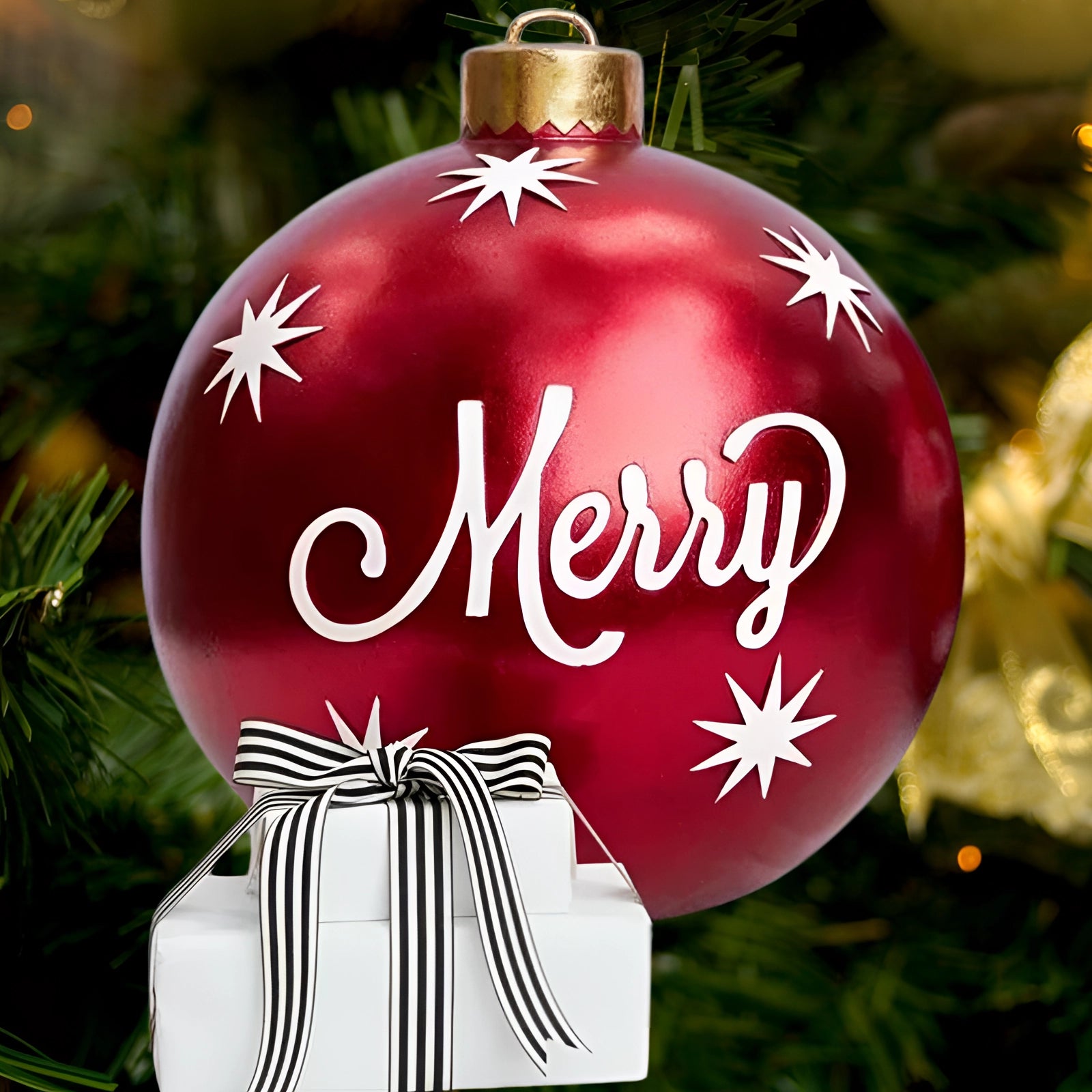 Luxury red plaid tartan glass Christmas ornament hanging on a decorated evergreen tree, surrounded by festive lights and holiday decorations.