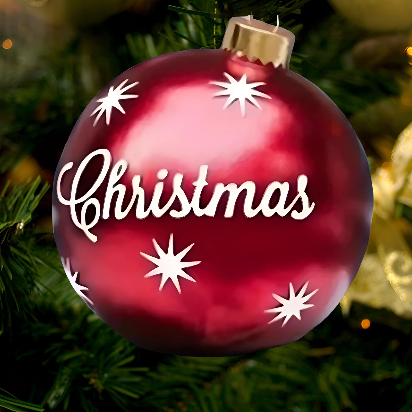 Luxury red plaid tartan glass Christmas ornament hanging on a beautifully lit evergreen tree, elegantly reflecting the festive holiday lights.