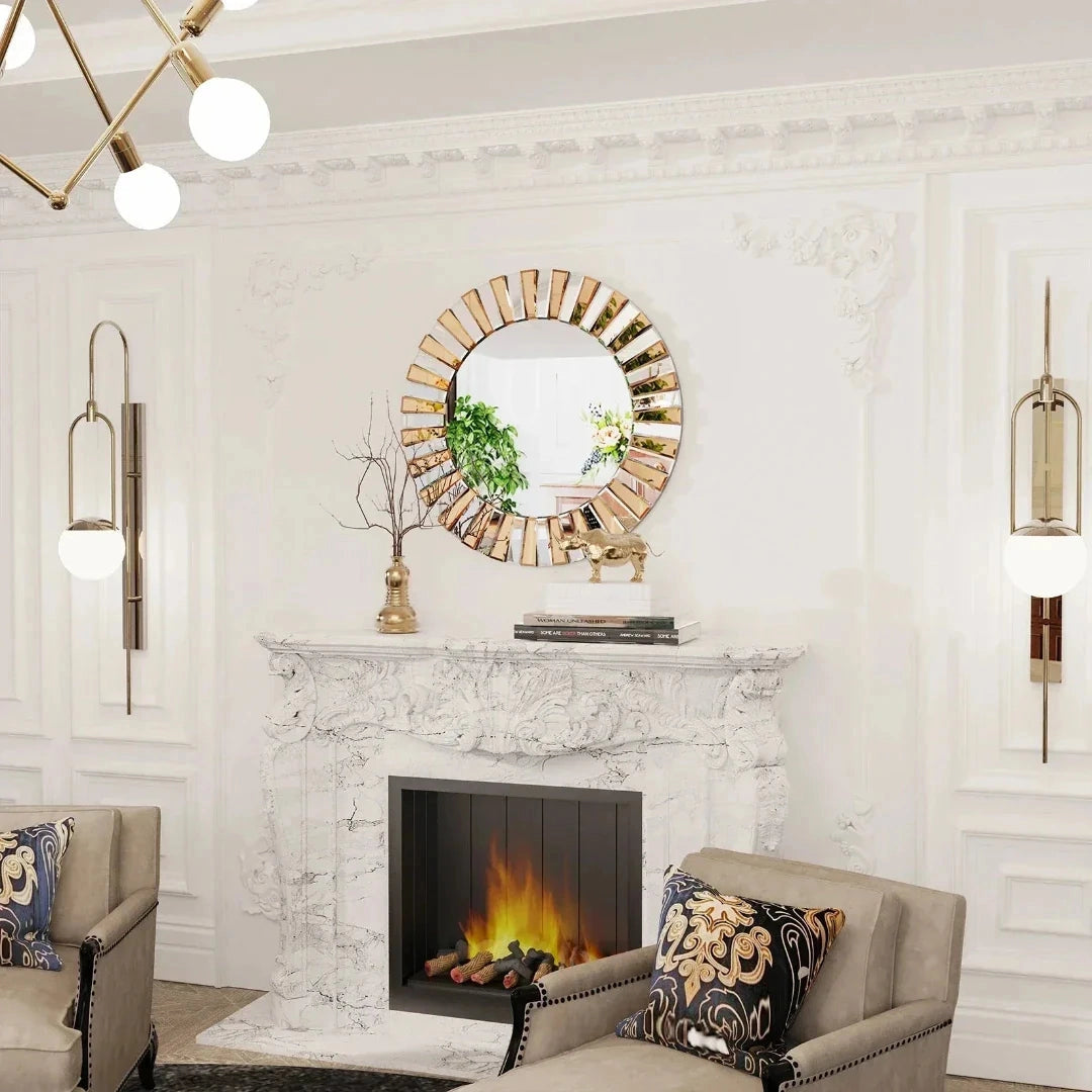 Luxurious round wall mirror with a wooden frame, elegantly reflecting the sophisticated interior design of a stylish living room setting, complemented by warm lighting, plants, and a cozy hearth.