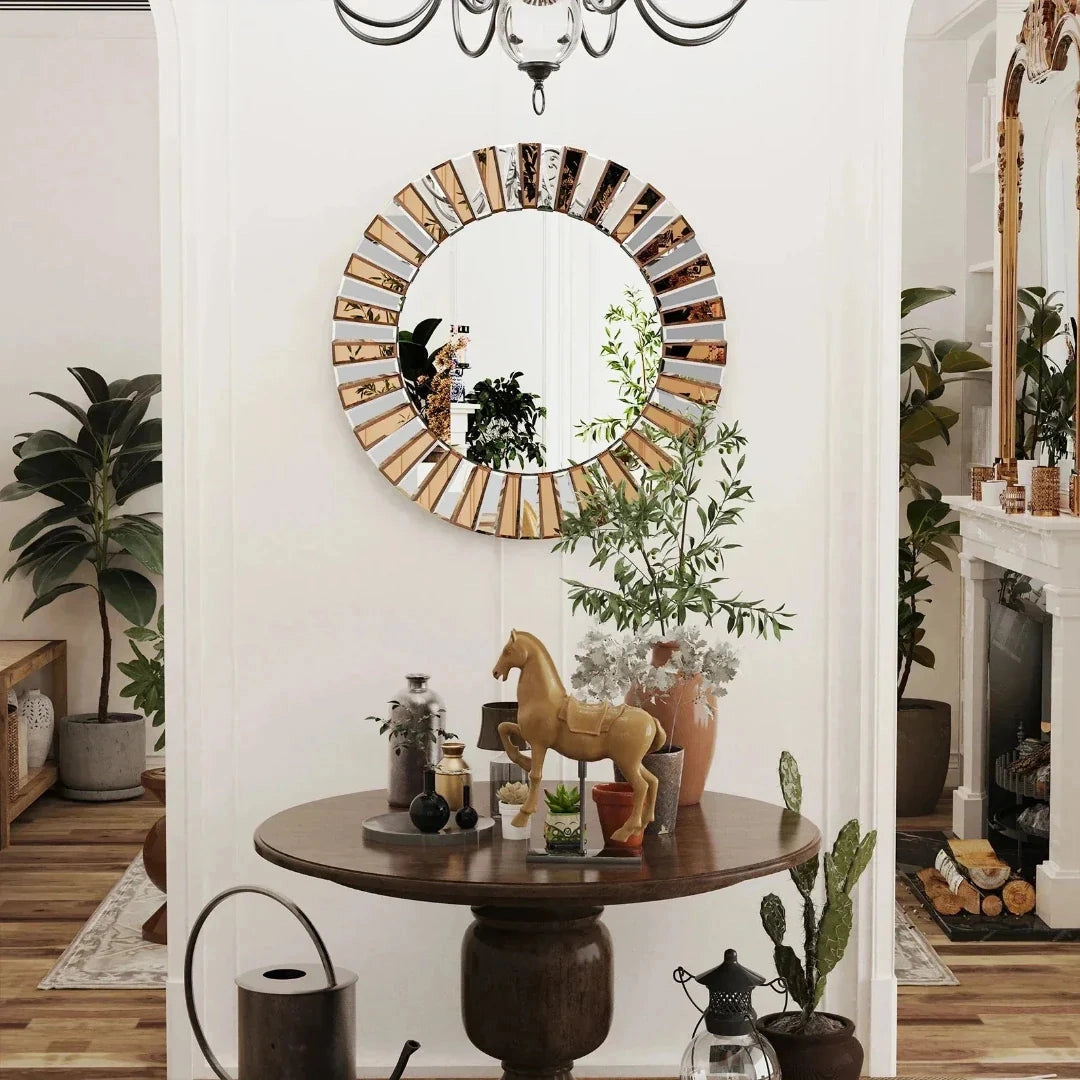 Luxurious round wall mirror hanging on a sophisticated office wall, surrounded by elegant furniture and decor elements, including a stylish plant, a wooden table with tableware, and a decorative picture frame.