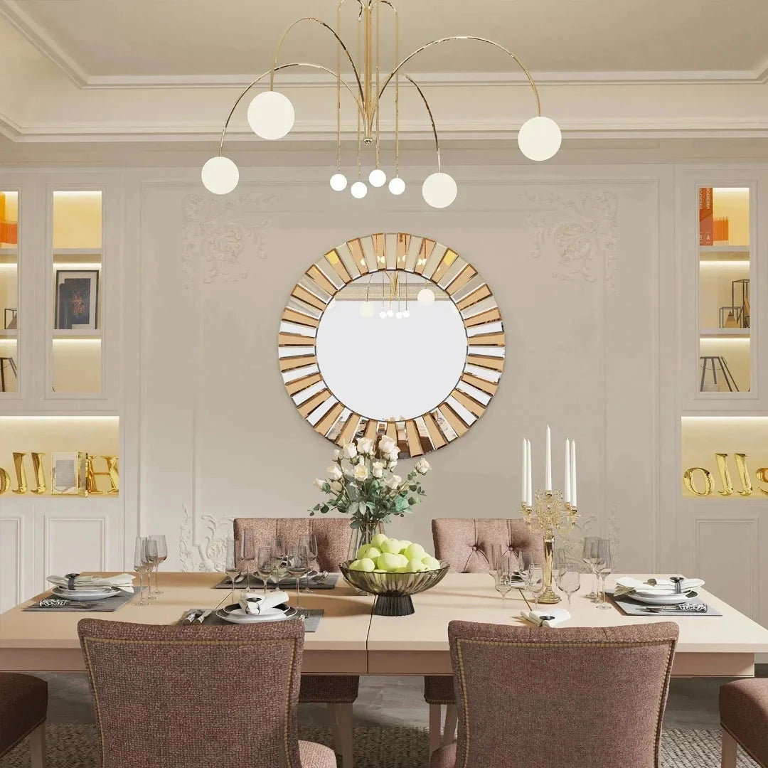 Sophisticated office setting featuring a luxury round wall mirror as the focal point, complemented by elegant furniture including a table, chair, and decorative elements such as a plant and tableware, enhancing the interior design.
