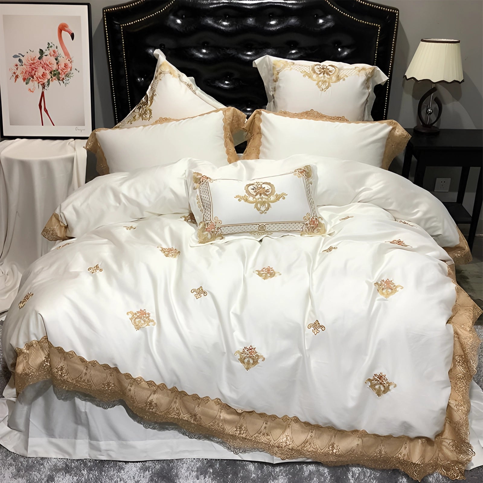 Luxury silk bedding set featuring a gold embroidered duvet and pillowcases, displayed in a queen size with intricate patterns and elegant design, highlighting the opulence and sophistication of the set.