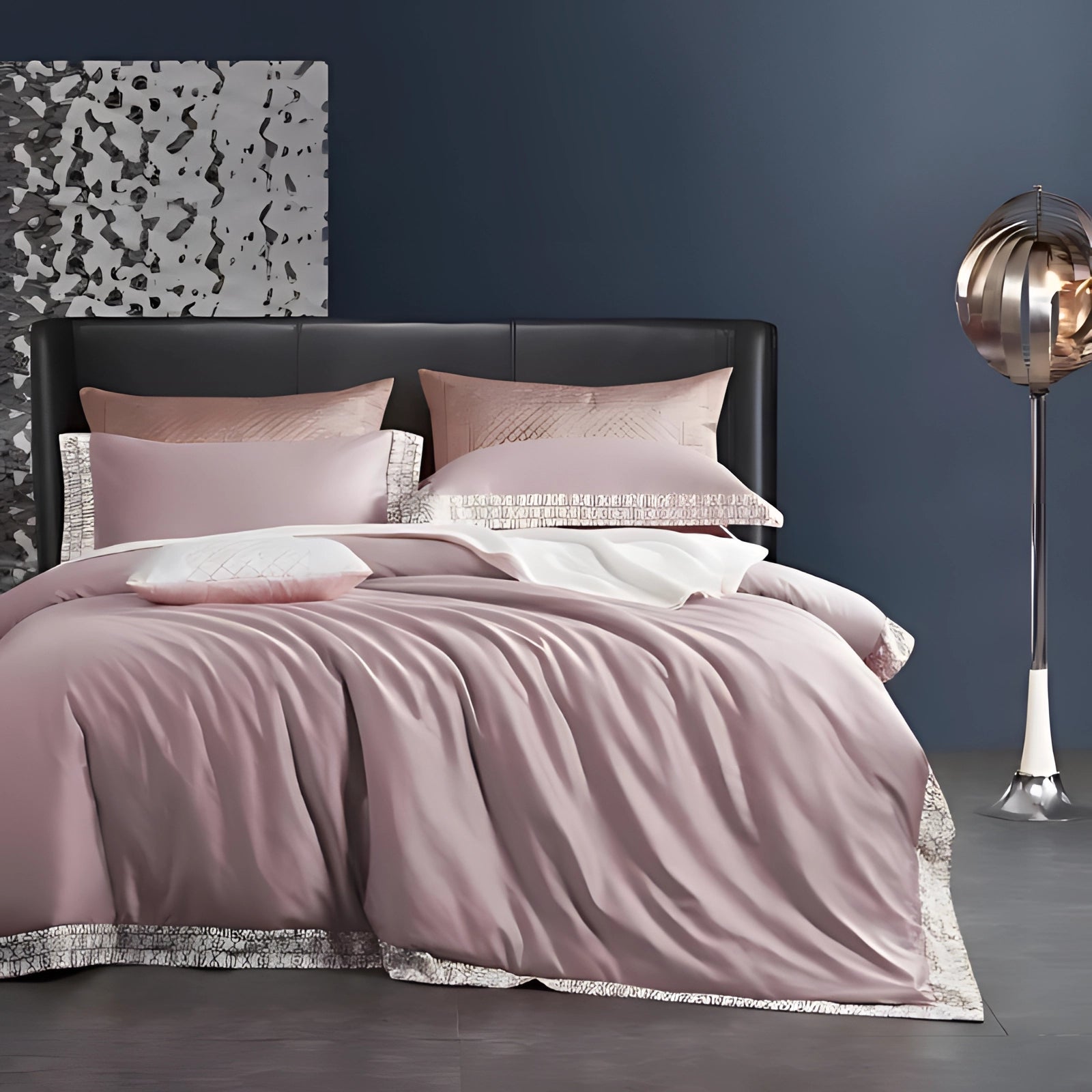 Elegant bedding set with luxurious teal comforter and pillowcases displayed on a king-sized bed with a grey bed frame, accompanied by a wooden nightstand and a lamp for a cozy and stylish bedroom setting.