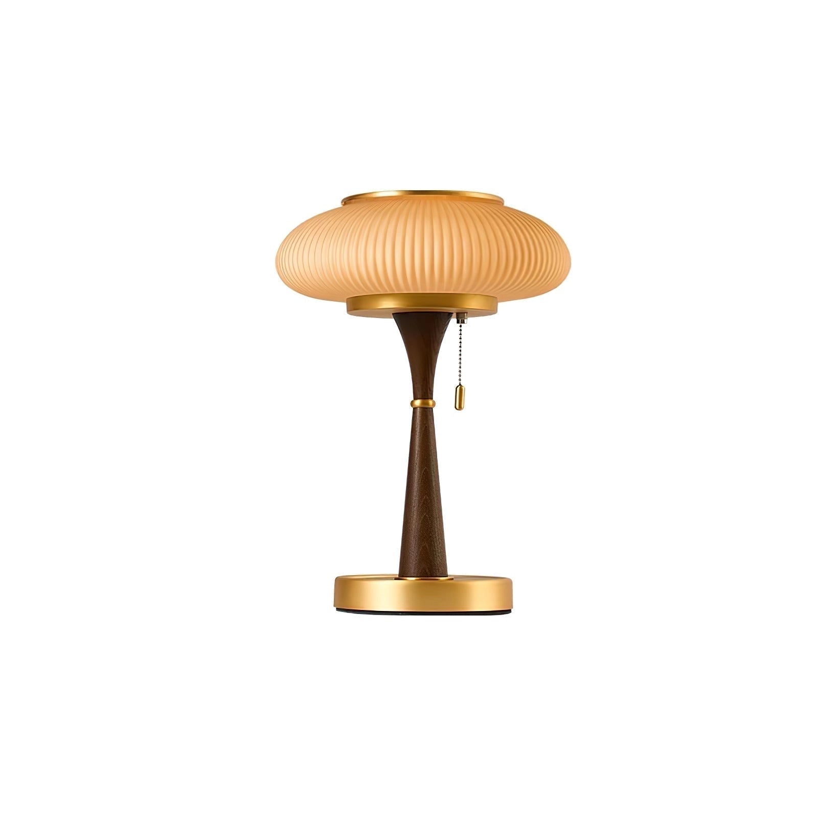 Luxury vintage table lamp featuring a ribbed glass design with a gold finish, placed on a wooden table surface.