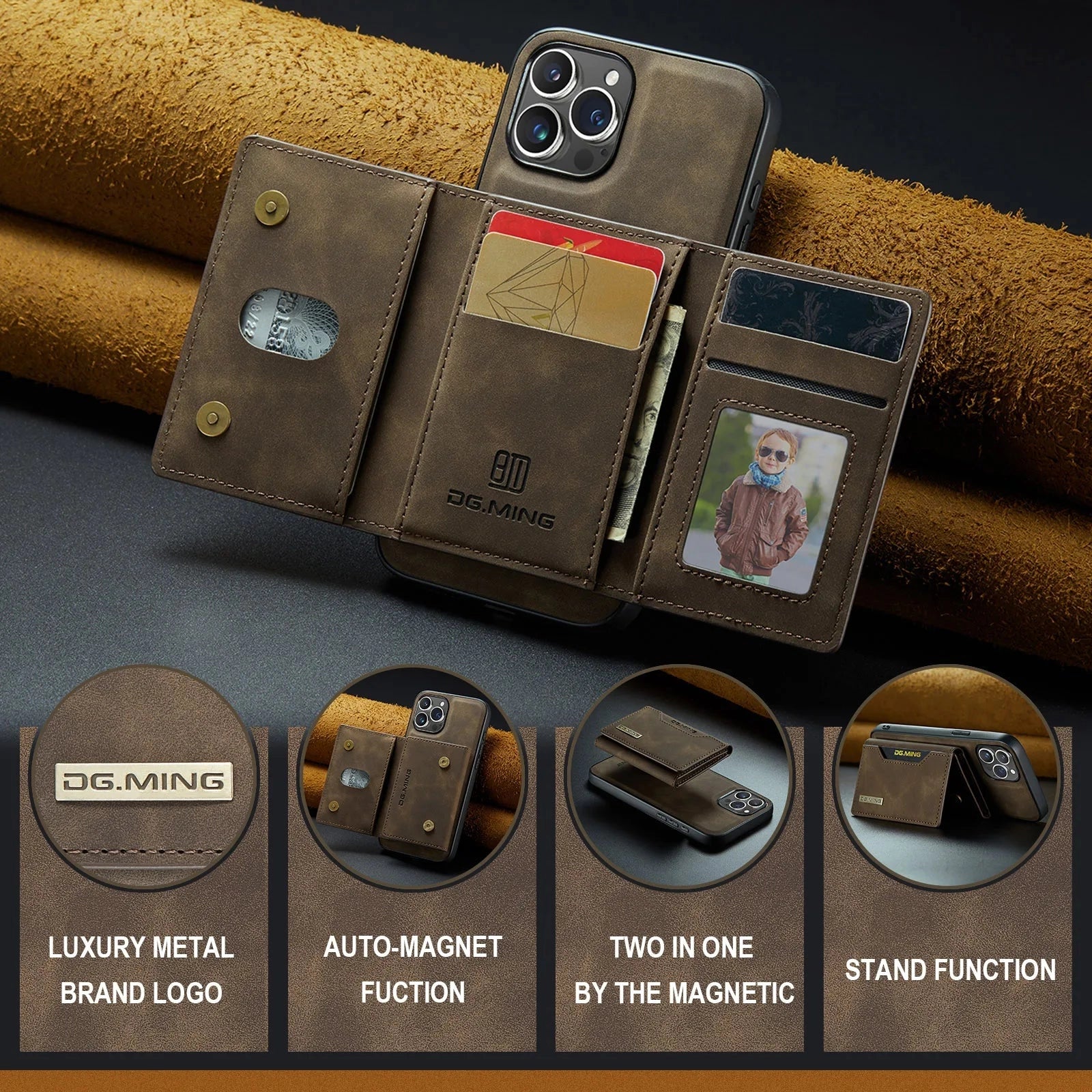 Magnetic 2-in-1 slim leather phone wallet case designed for iPhone, featuring a sleek rectangular shape with a detachable strap, showcasing durable material properties and a stylish font.