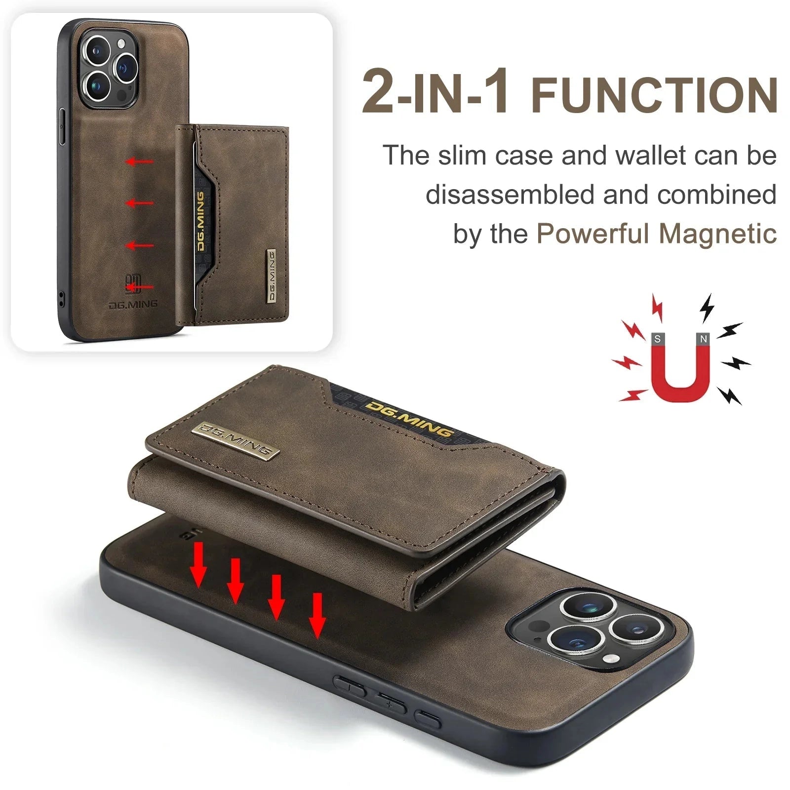 Slim leather phone wallet case with magnetic attachment designed for iPhone, featuring a sleek and modern design suitable for carrying essentials.
