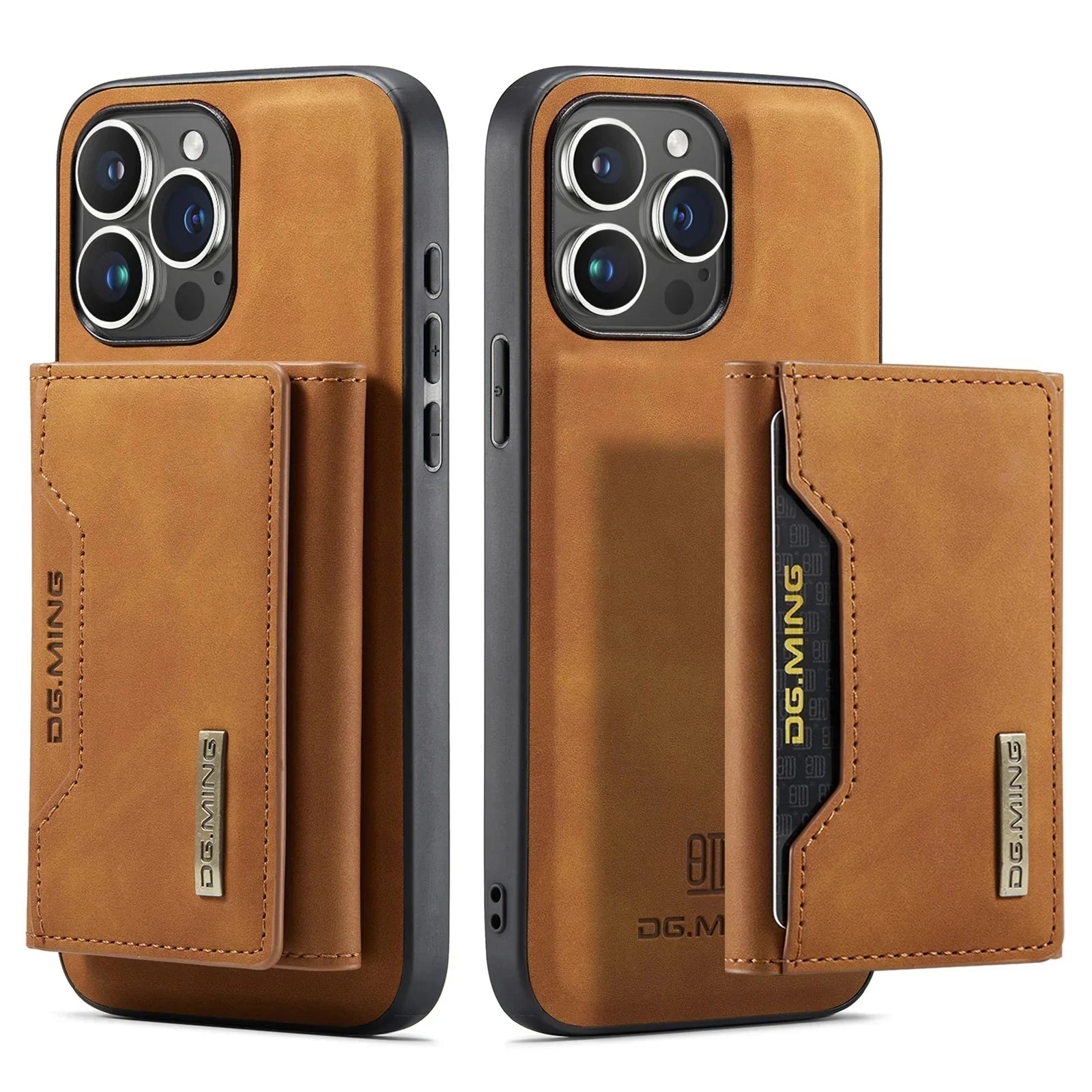 Magnetic 2-in-1 slim leather phone wallet case in Braun for iPhone 11 Pro Max, featuring camera cutouts and a sleek design.