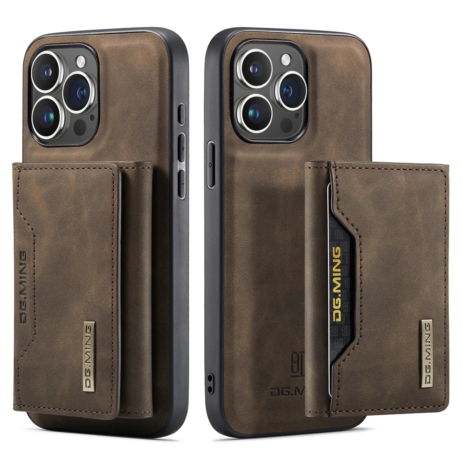 Magnetic 2-in-1 slim leather phone wallet case in coffee color designed for iPhone 11 Pro Max, showcasing precise camera cutouts and sleek design.