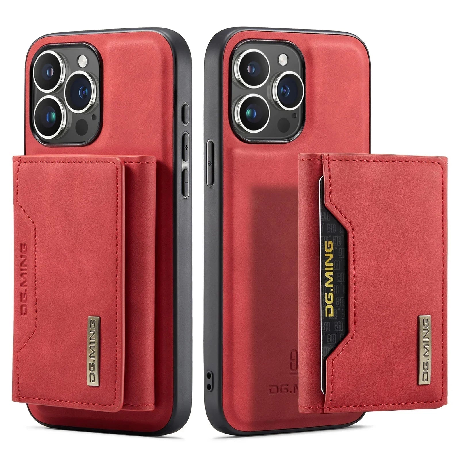 Magnetic 2-in-1 slim leather phone wallet case in red for iPhone 11 Pro Max with a sleek, rectangular design and camera cutout.