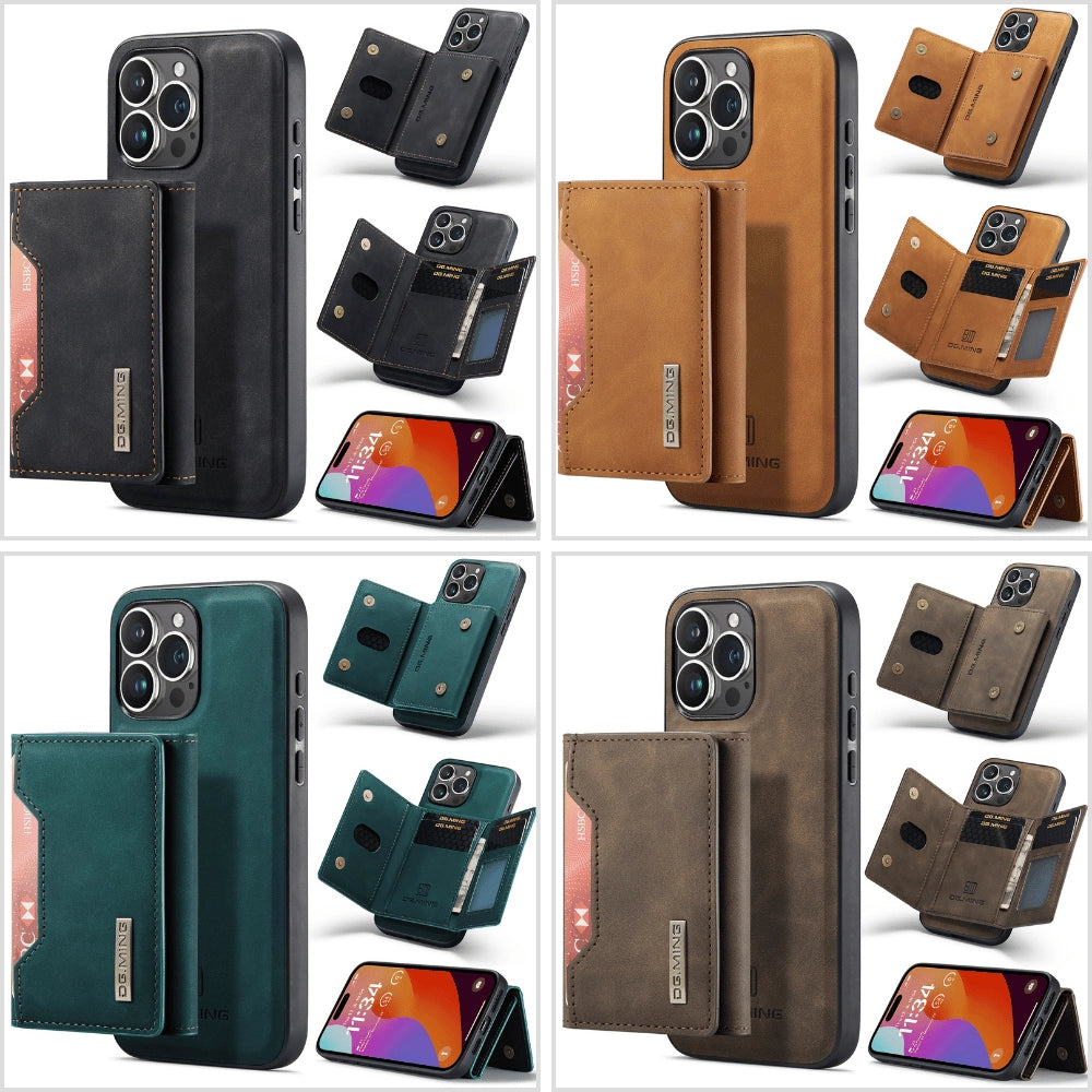 Slim leather phone wallet case with a magnetic attachment, designed for iPhone, featuring a sleek rectangular shape.