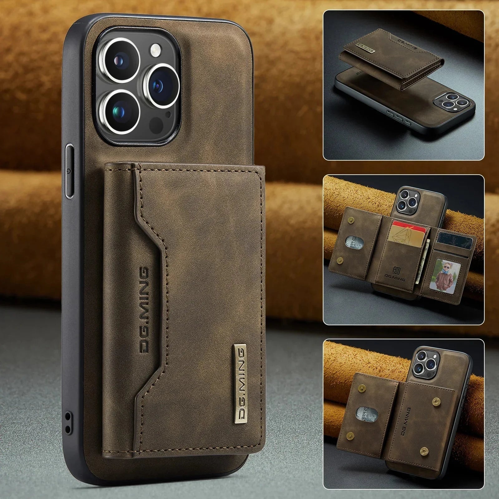 Magnetic 2-in-1 slim leather phone wallet case designed for iPhone, featuring a sleek and rectangular shape with a camera lens cutout, suitable for everyday carry and communication needs.
